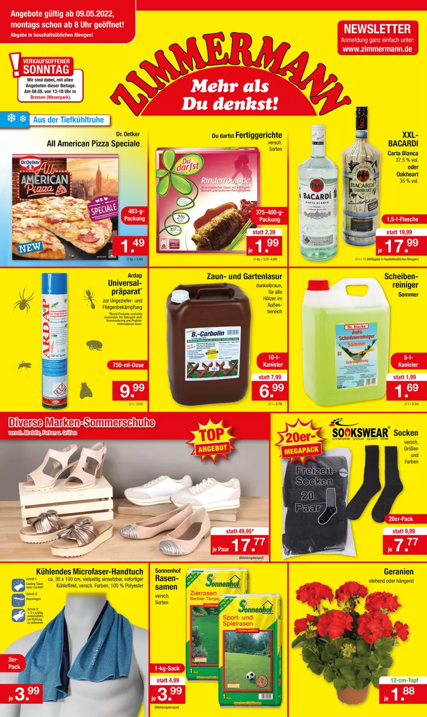 Aktueller Prospekt Zimmermann - Prospekte - von 09.05.2021 bis 14.05.2022 - strona 1 - produkty: angebot, angebote, bacardi, bio, braun, Dr. Oetker, eis, fertiggericht, fertiggerichte, Garten, geranie, geranien, handtuch, ilag, Liege, oakheart, pizza, rasen, Rauch, reiniger, ring, rwe, sana, socken, Ti, topf, tuc, uhr, Yo