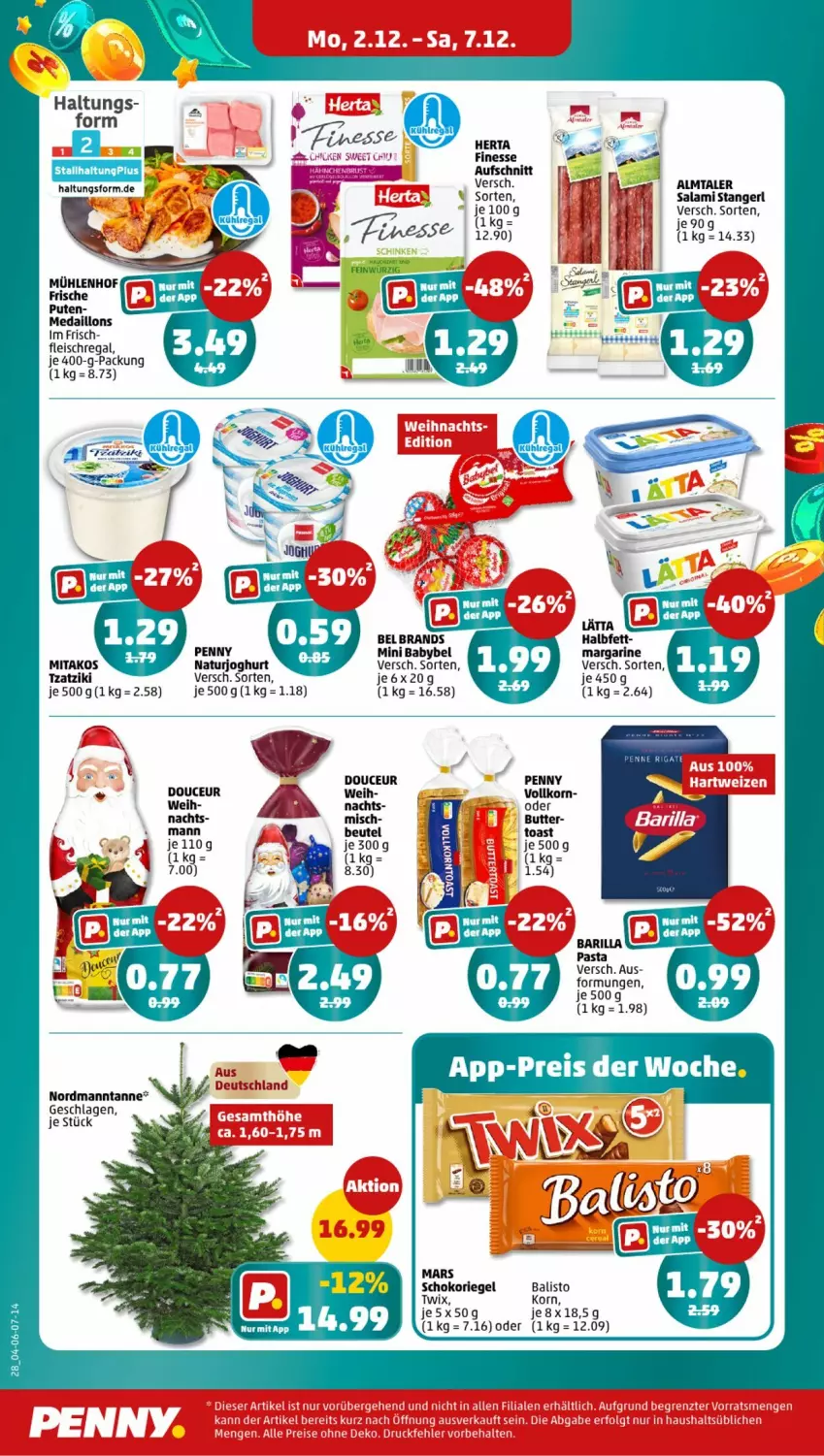 Aktueller Prospekt Penny - Prospekte - von 02.12 bis 07.12.2024 - strona 24 - produkty: aufschnitt, babybel, balisto, barilla, beutel, eis, finesse, fleisch, herta, joghur, joghurt, korn, margarine, mars, medaillons, mini babybel, natur, naturjoghurt, pasta, pute, regal, riegel, salami, schoko, schokoriegel, Ti, twix, tzatziki