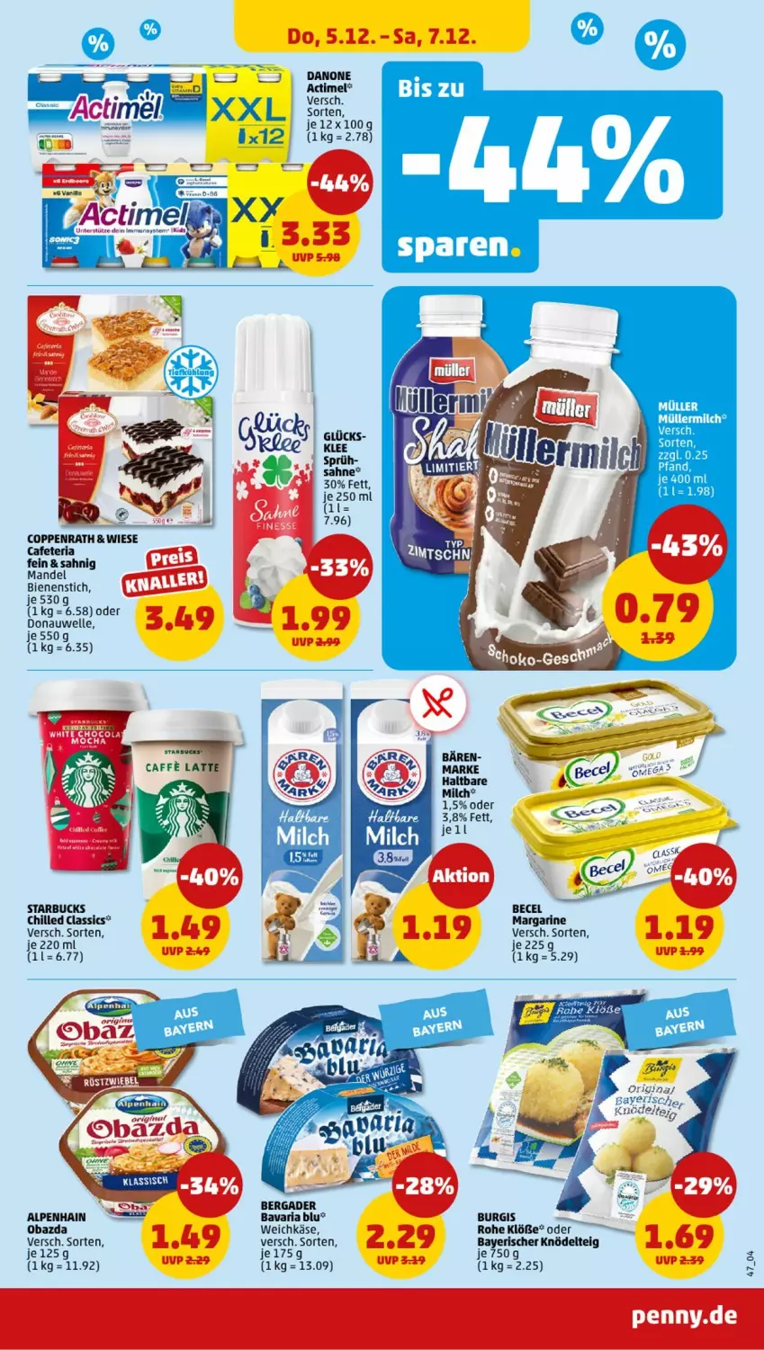 Aktueller Prospekt Penny - Prospekte - von 02.12 bis 07.12.2024 - strona 43 - produkty: actimel, Alpenhain, bavaria blu, becel, bergader, coppenrath, danone, elle, gin, haltbare milch, Käse, Knödel, Knödelteig, mandel, margarine, milch, Müller, müllermilch, obazda, Ria, Spezi, starbucks, Ti, weichkäse