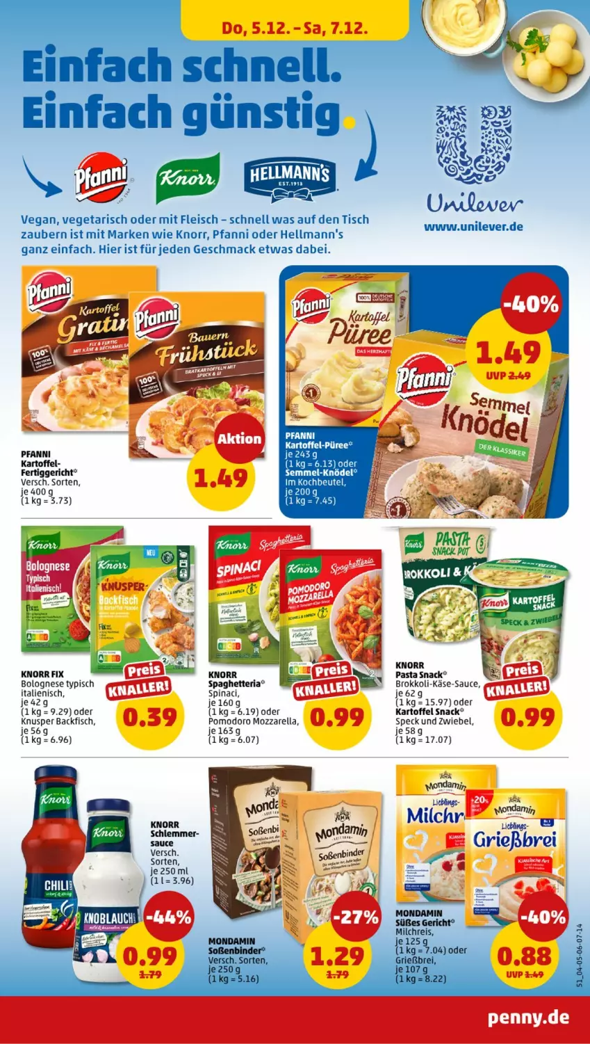 Aktueller Prospekt Penny - Prospekte - von 02.12 bis 07.12.2024 - strona 47 - produkty: backfisch, beutel, bolognese, Brei, brokkoli, eis, fertiggericht, fisch, fleisch, Hellmann's, kartoffel, Käse, knorr, knorr fix, kochbeutel, mac, milch, mozzarella, pasta, pasta snack, pfanni, püree, rel, Ria, sauce, snack, Speck, spinat, Ti, tisch, Vegeta, zwiebel