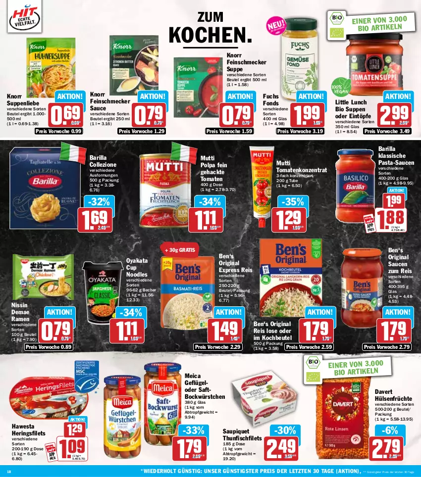 Aktueller Prospekt Hit - Wochenprospekt - von 10.06 bis 14.06.2025 - strona 10 - produkty: barilla, Becher, beutel, bio, eintöpfe, eis, feinschmecker, filet, filets, fisch, früchte, Geflügel, gin, hawesta, hering, Herings, heringsfilets, hülsenfrüchte, knorr, kochbeutel, meica, Mutti, Nissin, pasta, pasta-sauce, reis, ring, saft, sauce, saucen, saupiquet, senf, suppe, suppen, suppenliebe, thunfisch, Ti, tomate, tomaten, würstchen, ZTE