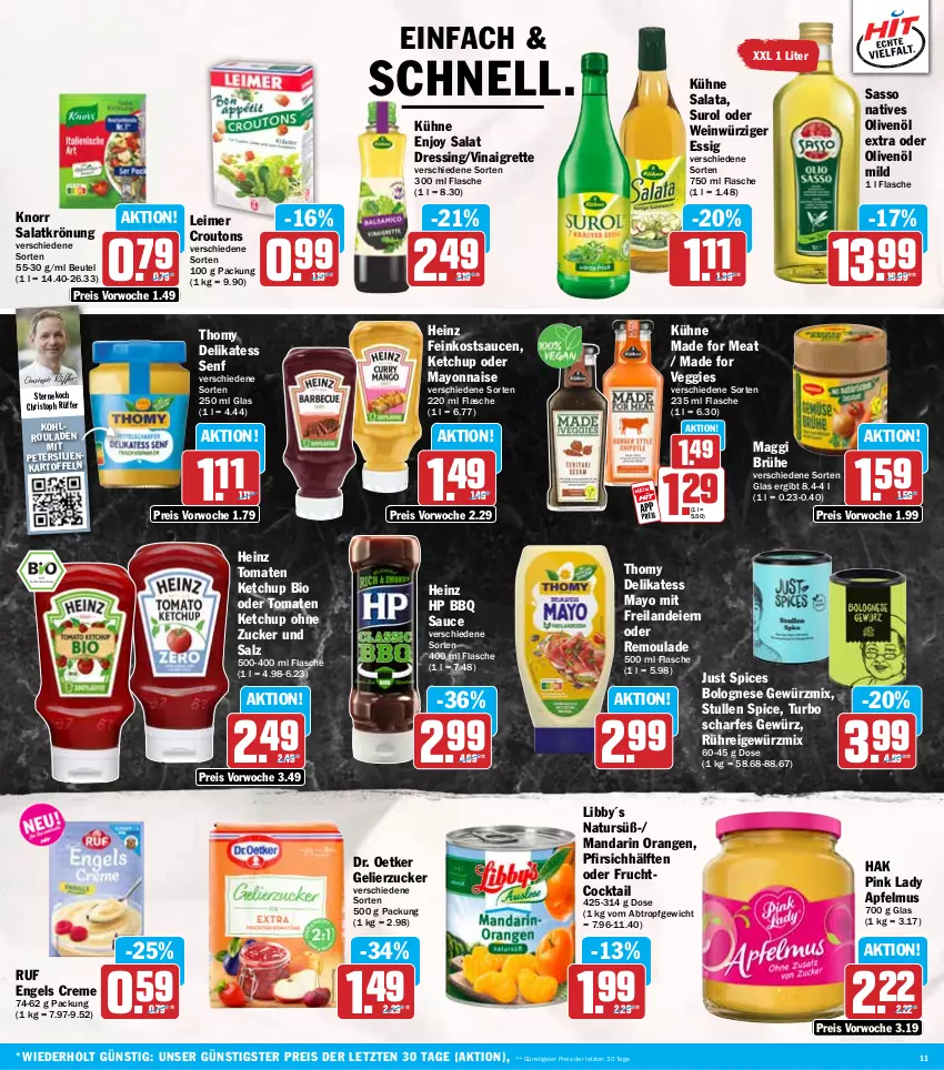 Aktueller Prospekt Hit - Wochenprospekt - von 10.06 bis 14.06.2025 - strona 11 - produkty: apfel, apfelmus, beutel, bio, bolognese, Brühe, cocktail, creme, croutons, delikatess senf, Dr. Oetker, dressing, eier, eimer, eis, Engel, essig, feinkost, flasche, frucht, gelierzucker, gewürz, heinz, HP, kartoffel, kartoffeln, ketchup, knorr, Kohlrouladen, Kühne, leimer, maggi, mayonnaise, natives olivenöl, natur, olive, oliven, olivenöl, olivenöl extra, orange, orangen, petersilie, pfirsich, Pink Lady, reis, remoulade, rouladen, salat, salatkrönung, salz, sauce, saucen, senf, thomy, Ti, tomate, tomaten, tomaten ketchup, veggie, wein, Yo, ZTE, zucker