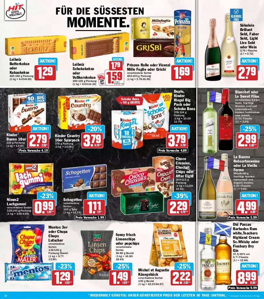 Aktueller Prospekt Hit - Wochenprospekt - von 10.06 bis 14.06.2025 - strona 12 - produkty: after eight, Bad, Bau, beutel, brillant sekt, butter, butterkeks, chips, choclait chips, choco crossies, chupa, chupa chups, crossies, dry gin, duplo, eis, ente, finsbury, flasche, frucht, Funny Frisch, gin, kakao, Käse, keks, kekse, Kinder, kinder bueno, kinder country, kinder riegel, korn, lachgummi, leibniz, linsen, Lutscher, mentos, nimm2, prinzen rolle, rebsortenweine, reis, riegel, rum, schogetten, schoko, sekt, söhnlein, söhnlein brillant, Ti, wein, weine, whisky, ZTE
