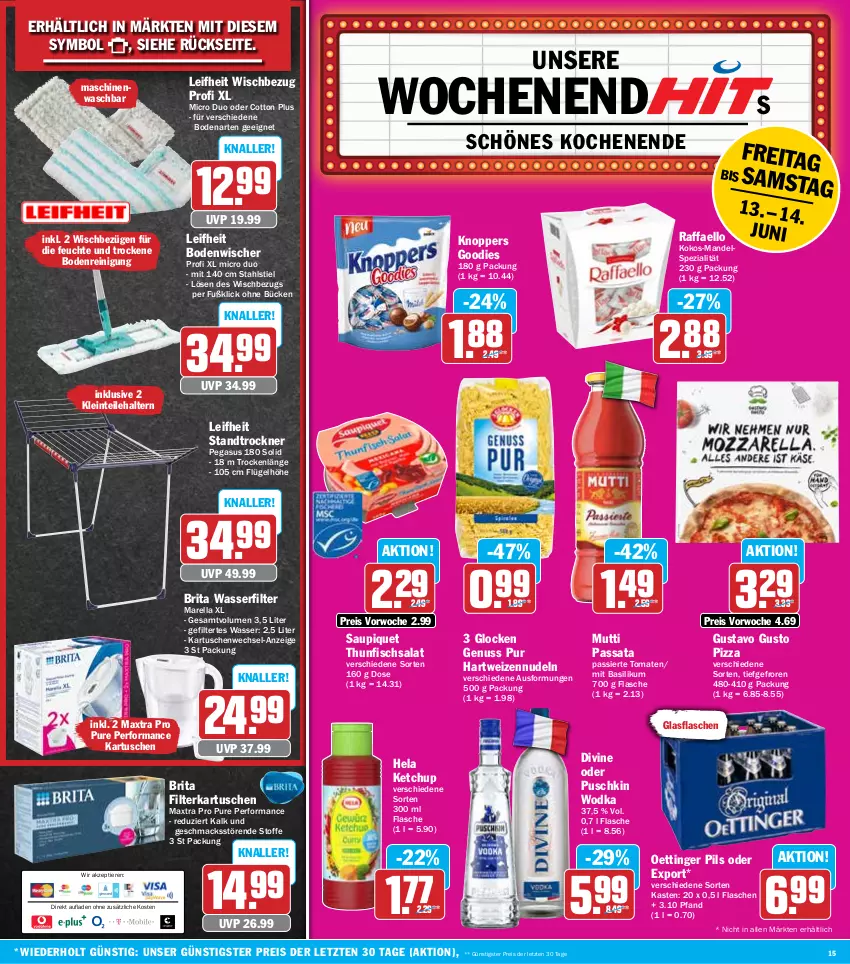 Aktueller Prospekt Hit - Wochenprospekt - von 10.06 bis 14.06.2025 - strona 15 - produkty: asus, basilikum, bodenwischer, brita, eis, filterkartuschen, fisch, flasche, glasflasche, hartweizen, Hela, ketchup, knoppers, kokos, leifheit, mac, mandel, Maxtra, Mutti, nudel, nudeln, nuss, oettinger, pils, pizza, puschkin wodka, raffaello, Reinigung, reis, rel, salat, saupiquet, Spezi, thunfisch, Thunfischsalat, Ti, Tiere, tomate, tomaten, Trockner, wasser, wasserfilter, wasserfilter marella, wodka, ZTE