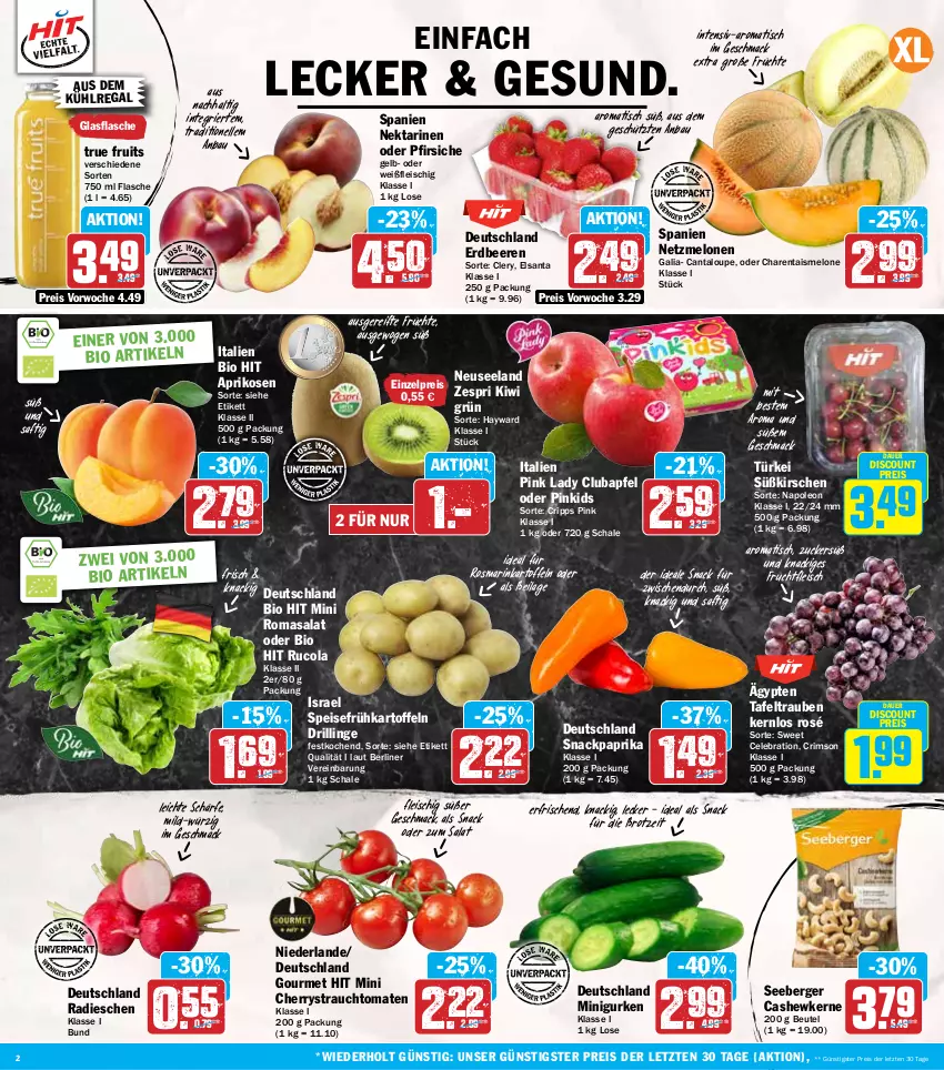 Aktueller Prospekt Hit - Wochenprospekt - von 10.06 bis 14.06.2025 - strona 2 - produkty: apfel, aprikose, aprikosen, auer, aus dem kühlregal, Bau, beere, beeren, Berger, berliner, beutel, bio, bio hit, brot, Cashew, cashewkerne, cola, discount, eis, Elan, elle, erdbeere, erdbeeren, flasche, fleisch, frucht, früchte, fruchtfleisch, Frühkartoffeln, glasflasche, gurke, gurken, ilag, kartoffel, kartoffeln, kirsch, kirsche, kirschen, kiwi, kühlregal, mac, melone, melonen, Nektar, nektarinen, nektarinen oder, oder pfirsiche, paprika, pfirsich, pfirsiche, Pink Lady, radieschen, Rauch, regal, reis, rosmarin, rucola, saft, salat, Schal, Schale, seeberger, snack, speisefrühkartoffeln, strauchtomaten, tafeltrauben, Ti, tisch, tomate, tomaten, trauben, true fruits, zespri, ZTE, zucker