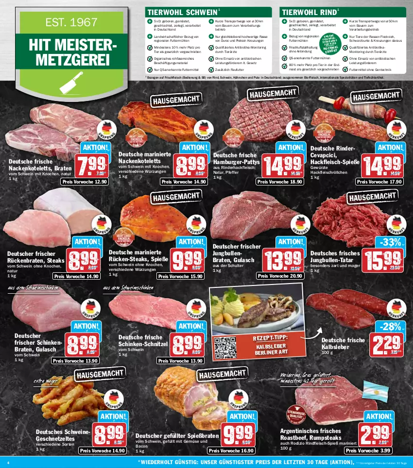 Aktueller Prospekt Hit - Wochenprospekt - von 10.06 bis 14.06.2025 - strona 4 - produkty: auer, bacon, Bau, Bauer, beef, berliner, bio, braten, burger, cevapcici, eis, ente, erde, fleisch, Geflügel, geschnetzeltes, gewürz, gulasch, hackfleisch, hamburger, jungbullen, Kalbsleber, kotelett, Meister, mit gemüse, monitor, nackenkoteletts, natur, pfeffer, pute, reis, Ria, rind, rinder, rinderhackfleisch, rindfleisch, ring, roastbeef, Rückenbraten, rum, rumpsteak, schinken, schinkenbraten, schnitzel, schwein, schweine, Spezi, Sport, steak, steaks, Ti, Tiere, tisch, wein, weine, Zelt, ZTE