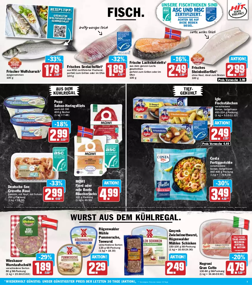 Aktueller Prospekt Hit - Wochenprospekt - von 10.06 bis 14.06.2025 - strona 7 - produkty: aqua, auer, aufschnitt, aus dem kühlregal, Bau, Bauer, Becher, braten, eis, fertiggericht, fertiggerichte, filet, filets, fisch, fische, Fischer, fischstäbchen, fischtheke, fleisch, frischfisch, grill, hering, Herings, heringsfilets, ideal zum braten, iglo, kotelett, kühlregal, lachs, lachsfilet, Mett, mettwurst, mühlen schinken, Ofen, Pommersche, Popp, Räucherlachs, regal, reis, ring, rügenwalder, rügenwalder mühle, sahne, salat, Schal, Schale, Schere, schinken, schnitten, seelachsfilet, Steinbeißer, Steinbeißerfilet, tee, teewurst, Ti, wiesbauer, wolfsbarsch, wurst, ZTE, zwiebel, zwiebelmettwurst