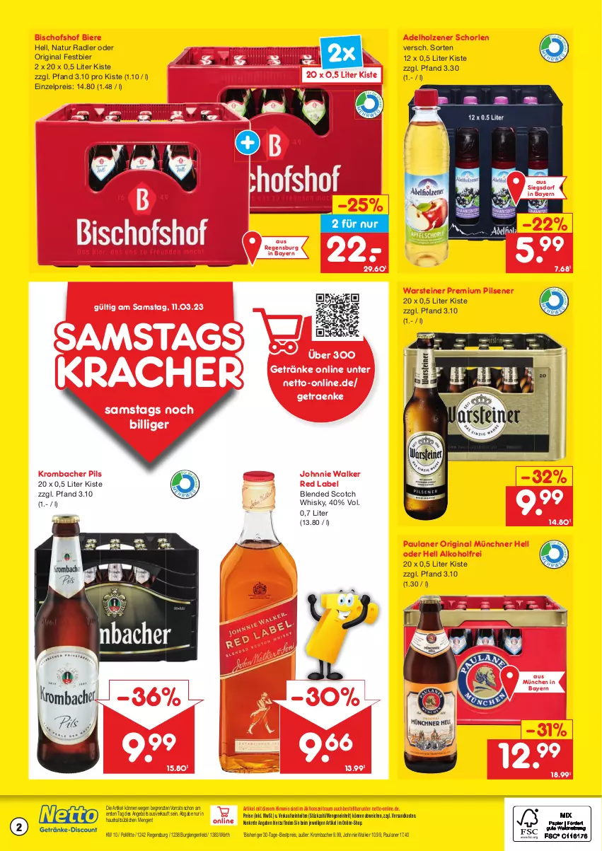 Aktueller Prospekt Netto Marken-Discount - Getränkemarkt in deiner Nähe - von 15.03.2021 bis 11.03.2023 - strona 2 - produkty: adelholzener, alkohol, angebot, bestpreis, bier, Biere, blended scotch, blended scotch whisky, eis, getränk, getränke, gin, Holz, johnnie walker, kracher, krombache, krombacher, krombacher pils, natur, natur radler, ndk, Paula, paulaner, pils, pilsener, premium pils, radler, reis, schorle, scotch, scotch whisky, steiner, Ti, warsteiner, whisky, ZTE