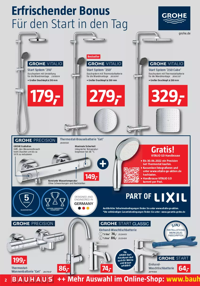 Aktueller Prospekt Bauhaus - Prospekte - von 30.04 bis 04.06.2022 - strona 2 - produkty: armatur, armaturen, batterie, Bau, brause, dusche, elle, grohe, handbrause, Rauch, thermostat, Ti, tisch, vita, Wanne, waschtisch, wasser, werkzeug