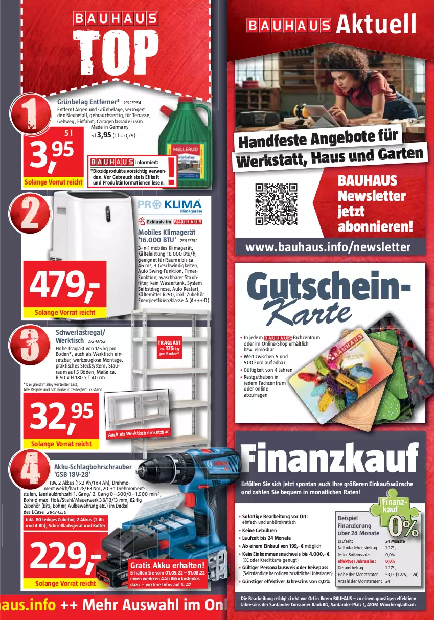 Aktueller Prospekt Bauhaus - Prospekte - von 30.04 bis 04.06.2022 - strona 3 - produkty: akku, Akku-Schlagbohrschrauber, angebot, angebote, auer, auto, Bank, Bau, bio, biozidprodukte, Bohrschrauber, eis, Germ, gutschein, Holz, klimagerät, koffer, ladegerät, LG, Persona, Rauch, regal, reis, rum, rwe, schnellladegerät, schwerlastregal, Ti, timer, tisch, wasser, wassertank, werkzeug