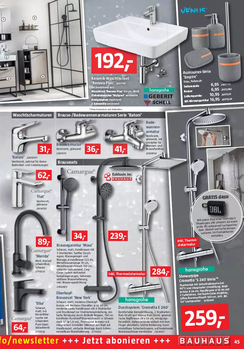 Aktueller Prospekt Bauhaus - Prospekte - von 30.04 bis 04.06.2022 - strona 45 - produkty: ACC, accessoires, armatur, armaturen, Bad, Badewanne, Badmöbel, Becher, brause, brauseschlauch, bürste, bürsten, dekoration, dell, Einhebelmischer, elle, garnitur, handbrause, jbl, lautsprecher, leine, Mett, möbel, Mode, Reinigung, Ria, Schal, Schale, schlauch, Seife, seifenspender, Sport, teller, thermostat, Ti, tisch, Tischset, wandhalterung, Wanne, waschtisch, waschtischarmatur, wasser, WC-Bürste, Yo