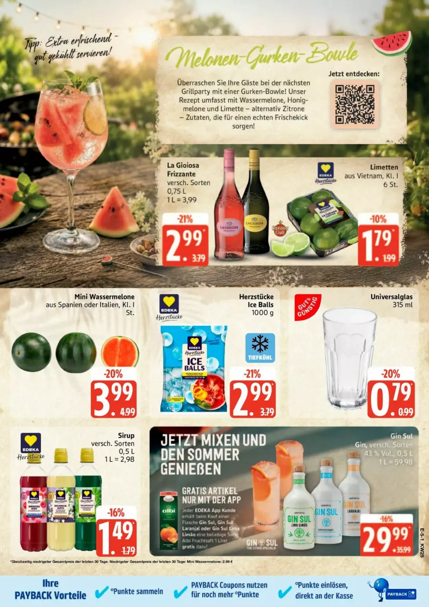 Aktueller Prospekt Edeka - Prospekte - von 15.06 bis 20.06.2026 - strona 5 - produkty: ball, bowle, coupon, coupons, frizzante, grill, gurke, gurken, honig, Ice Balls, La Gioiosa, LG, limette, limetten, melone, Mett, metten, payback, rezept, sirup, Ti, wasser, wassermelone, zitrone