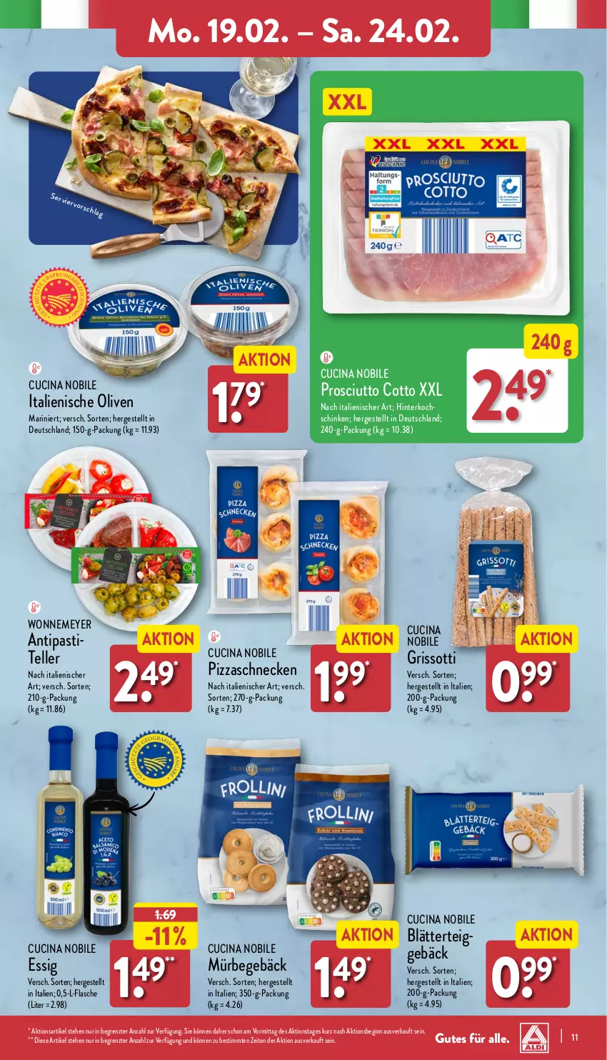 Aktueller Prospekt Aldi Nord - Von Montag - von 19.02 bis 24.02.2024 - strona 11 - produkty: antipasti, asti, blätterteig, cin, elle, essig, flasche, gin, olive, oliven, pizza, prosciutto, prosciutto cotto, schinken, teller, Ti, ZTE