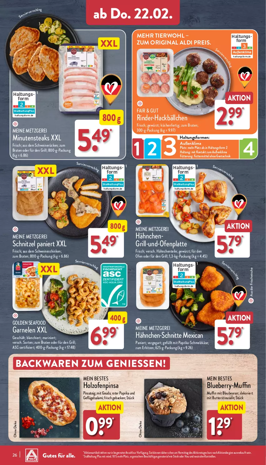 Aktueller Prospekt Aldi Nord - Von Montag - von 19.02 bis 24.02.2024 - strona 26 - produkty: aldi, backwaren, beere, beeren, Blaubeer, blaubeere, blueberry, braten, butter, eis, ente, garnelen, geback, Geflügel, gewürz, gin, gouda, grill, Heu, Holz, Käse, küche, Küchen, latte, minutensteaks, mit gouda, mit paprika, Muffin, Ofen, paprika, reis, Ria, rind, rinder, salami, schinken, Schmelzkäse, schnitzel, schwein, schweine, schweinerücken, steak, steaks, Ti, wein, weine, ZTE