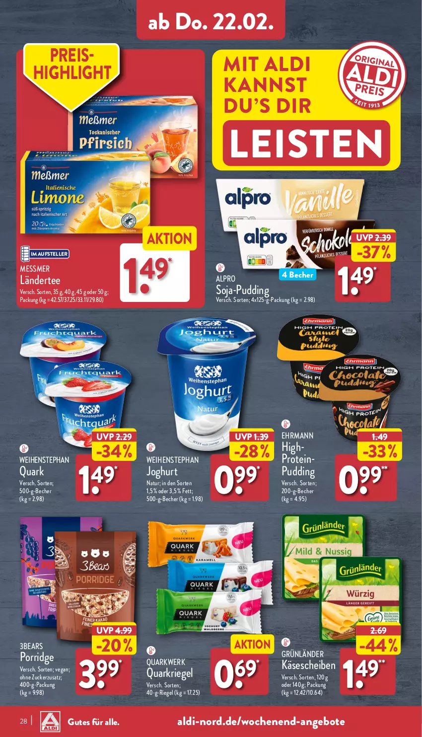 Aktueller Prospekt Aldi Nord - Von Montag - von 19.02 bis 24.02.2024 - strona 28 - produkty: aldi, alpro, angebot, angebote, Becher, ehrmann, eis, elle, grünländer, HP, joghur, joghurt, Käse, käsescheiben, Ländertee, natur, porridge, pudding, quark, Quarkriegel, reis, riegel, soja, tee, teller, Ti, weihenstephan, zucker