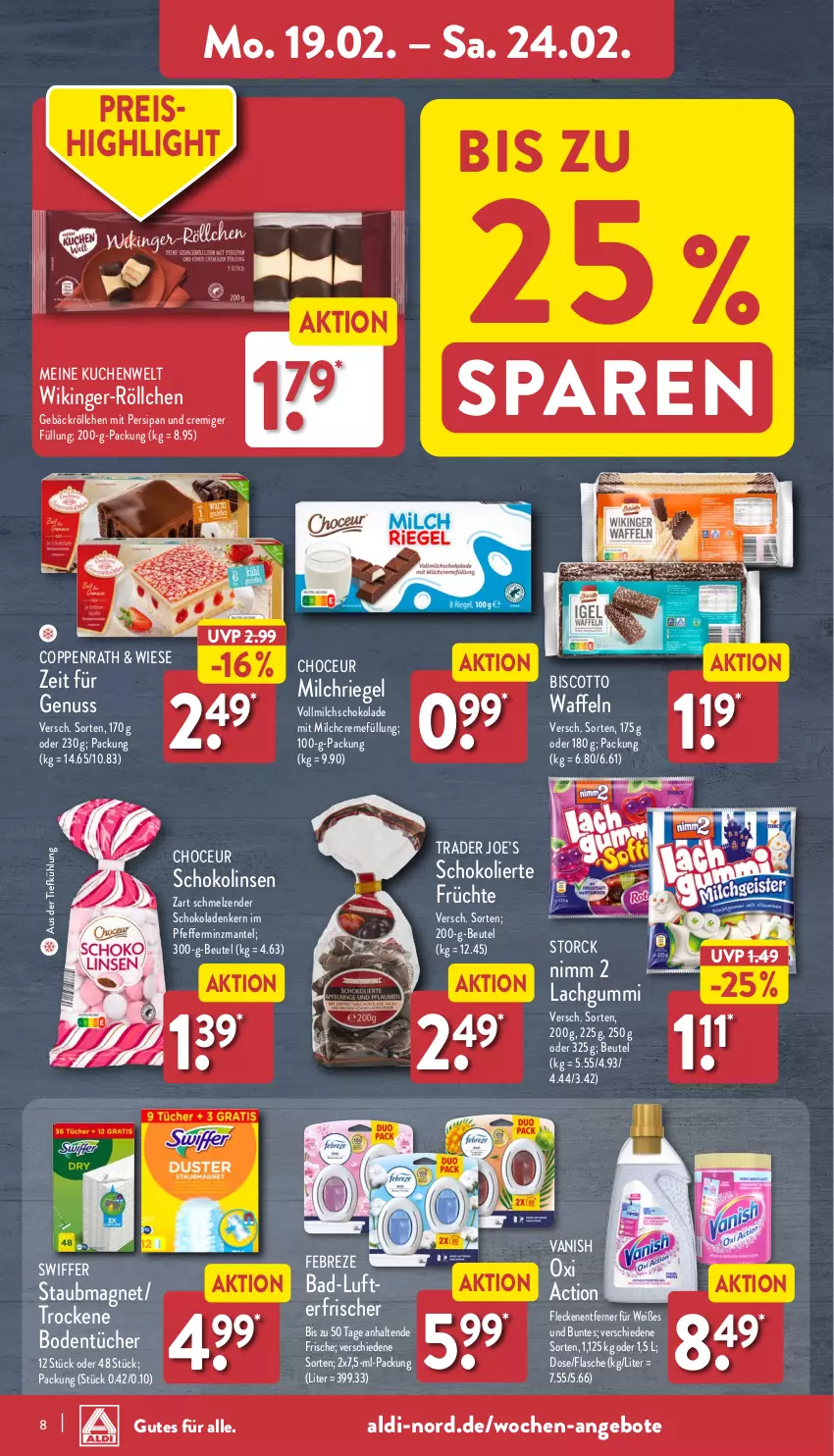 Aktueller Prospekt Aldi Nord - Von Montag - von 19.02 bis 24.02.2024 - strona 8 - produkty: aldi, angebot, angebote, aus der tiefkühlung, Bad, beutel, biscotto, Bodentücher, coppenrath, creme, eis, febreze, flasche, Fleckenentferner, früchte, kuchen, lachgummi, linsen, Mantel, milch, Nimm 2, nuss, pfeffer, reis, riegel, schoko, schokolade, schokoladen, Schokolinsen, staubmagnet, storck, swiffer, Ti, tücher, vanish, vollmilch, waffeln