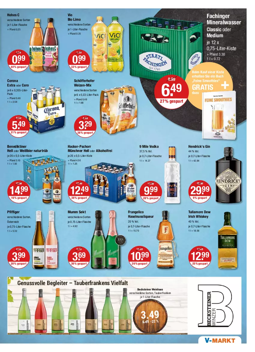 Aktueller Prospekt Vmarkt - V-Markt - von 28.04 bis 04.05.2022 - strona 11 - produkty: alkohol, Alwa, becks, becksteiner, Benediktiner, bier, bio, bio limo, buch, corona, corona extra, flasche, frangelico, gin, haselnuss, Hohes C, irish whiskey, je 1-liter-flasche, limo, liqueur, mineralwasser, Mineralwasser Classic, mumm, natur, nuss, schöfferhofer, sekt, smoothie, smoothies, steiner, Ti, tullamore, tullamore dew, vio bio limo, vodka, wasser, wein, whiskey