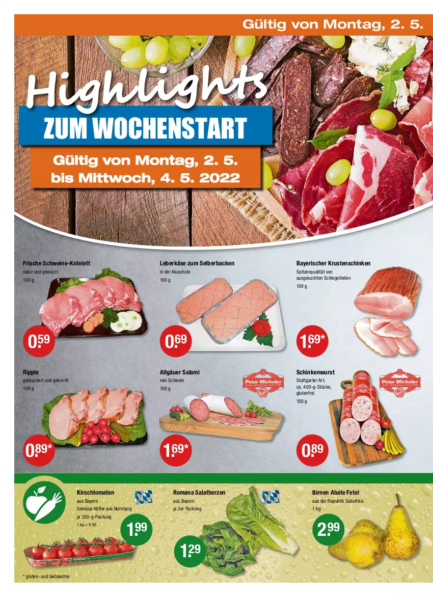 Aktueller Prospekt Vmarkt - V-Markt - von 28.04 bis 04.05.2022 - strona 22 - produkty: Birnen, gewürz, Käse, kirsch, kotelett, Krustenschinken, leberkäs, leberkäse, LG, natur, salami, salat, salatherzen, Schal, Schale, schinken, schinkenwurst, schwein, schweine, spitzenqualität, Ti, tomate, tomaten, wein, weine, wurst