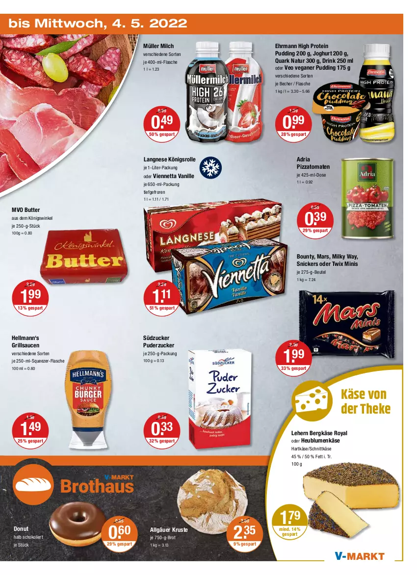 Aktueller Prospekt Vmarkt - V-Markt - von 28.04 bis 04.05.2022 - strona 23 - produkty: Becher, Bergkäse, beutel, blume, blumen, bounty, brot, butter, Donut, drink, ehrmann, flasche, grill, grillsauce, gsw, hartkäse, Heu, je 250-g-packung, je 750-g-brot, joghur, joghurt, Käse, langnese, LG, mars, milch, milky way, Müller, natur, oder twix, pizza, pudding, quark, Ria, sauce, saucen, schnittkäse, schoko, snickers, südzucker, Ti, tomate, tomaten, twix, vanille, viennetta, zucker