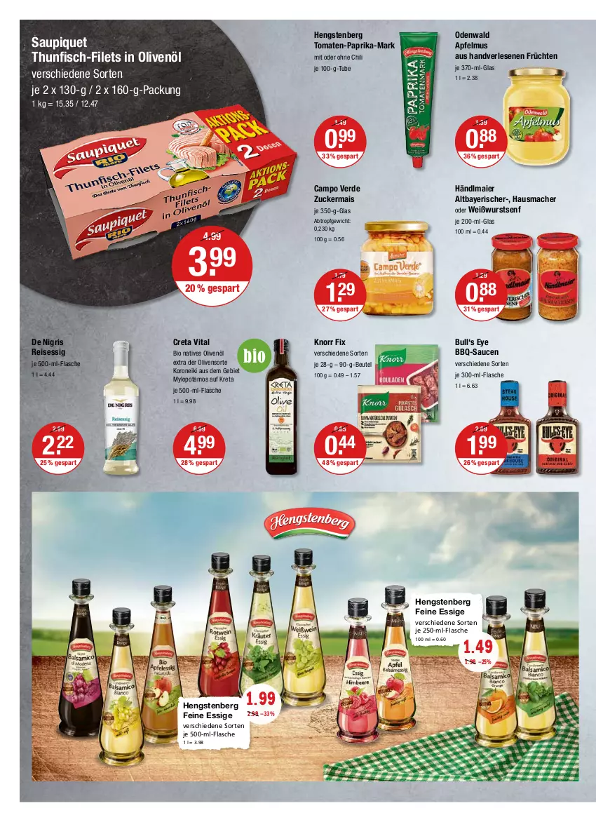 Aktueller Prospekt Vmarkt - V-Markt - von 28.04 bis 04.05.2022 - strona 8 - produkty: apfel, apfelmus, bbq-sauce, beutel, bio, Campo Verde, chili, creta vital, eis, erde, essig, filet, filets, fisch, flasche, früchte, früchten, händlmaier, Hausmacher, hengstenberg, in olivenöl, je 500-ml-flasche, knorr, knorr fix, mac, mais, natives olivenöl, odenwald, olive, oliven, olivenöl, olivenöl extra, paprika, reis, sauce, saucen, saupiquet, senf, thunfisch, Ti, tomate, tomaten, vita, Weißwurst, wurst, zucker, zuckermais