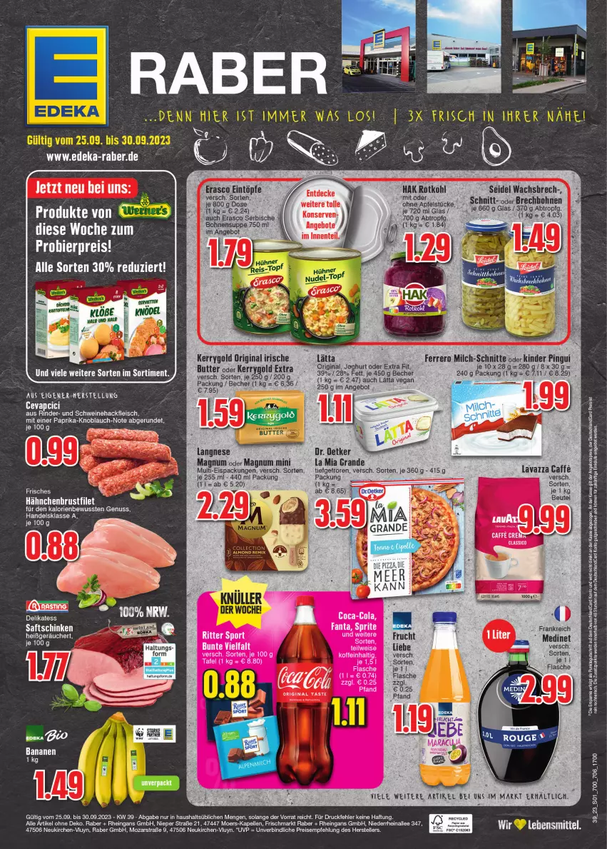 Aktueller Prospekt E Center - Angebote der Woche - von 25.09 bis 30.09.2023 - strona 1 - produkty: angebot, angebote, angebotspreis, apfel, banane, bananen, Becher, bohne, bohnen, boss, butter, caffe, classico, deka, deutschlandcard, eintöpfe, eis, elle, ente, erasco, erde, ferrero, filet, flasche, fleisch, gin, hackfleisch, joghur, joghurt, kerrygold, kerrygold extra, Kinder, kinder pingui, knoblauch, Konserven, langnese, lätta, lebensmittel, LG, magnum, Magnum Mini, medinet, milch, milch-schnitte, nuss, paprika, pingui, reis, rind, rinder, rotkohl, saft, saftschinken, schinken, schwein, schweine, Schweinehackfleisch, suppe, teller, Ti, wein, weine