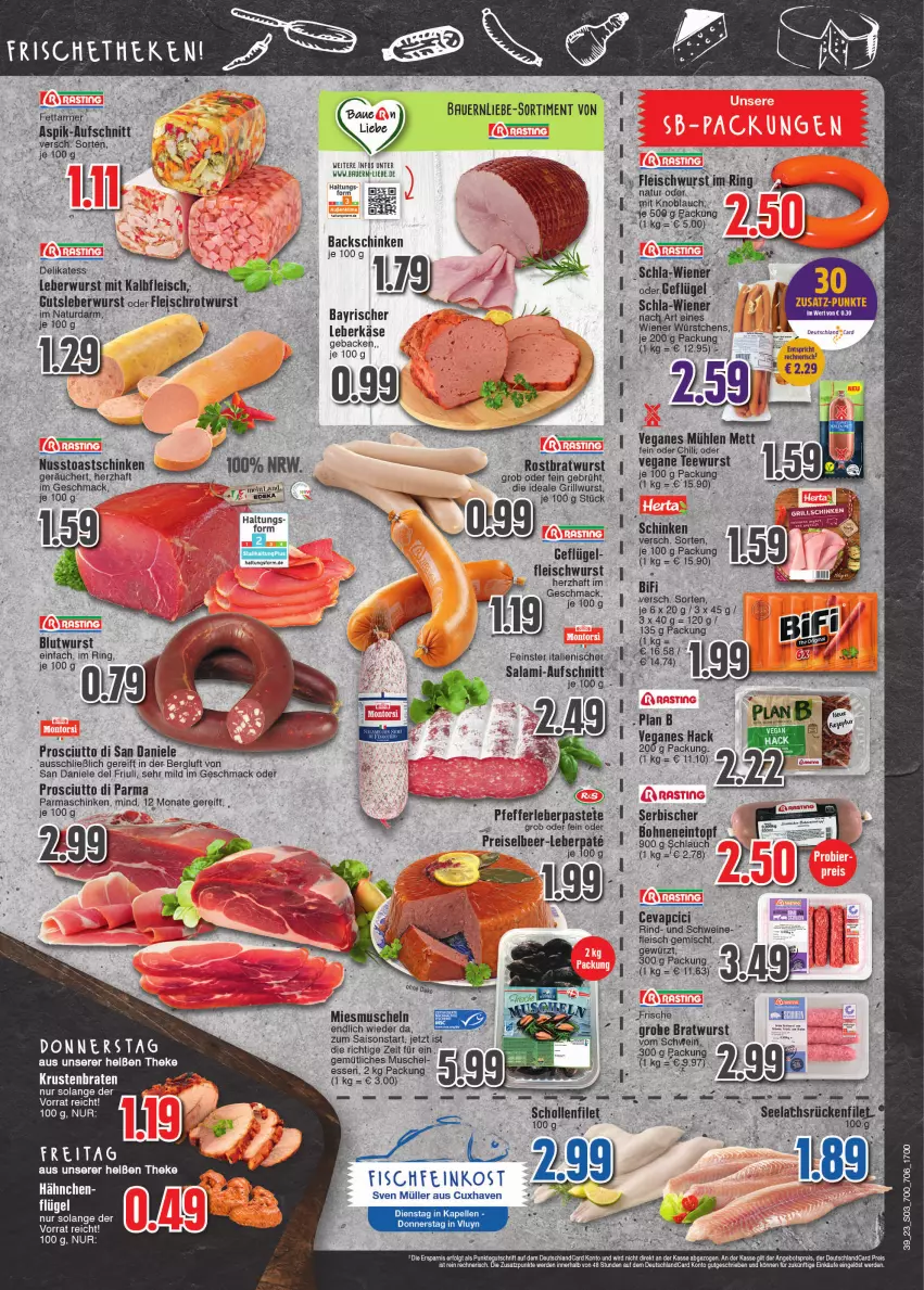 Aktueller Prospekt E Center - Angebote der Woche - von 25.09 bis 30.09.2023 - strona 3 - produkty: aeg, aufschnitt, bifi, bohne, bohnen, braten, bratwurst, deka, deutschlandcard, eintopf, eis, elle, ente, erde, filet, fisch, fleisch, fleischwurst, geback, Geflügel, gewürz, grill, Grillwurst, grobe bratwurst, Kalbfleisch, Käse, knoblauch, krustenbraten, leberkäs, leberkäse, mac, merl, Mett, mit kalbfleisch, mit knoblauch, Müller, Muscheln, nuss, parmaschinken, prosciutto, Prosciutto di Parma, Prosciutto di San Daniele, reis, rind, ring, rostbratwurst, rum, salami, schinken, schlauch, scholl, schwein, schweine, sessel, tee, teewurst, Ti, toast, Toastschinken, topf, wein, weine, wiener, wurst