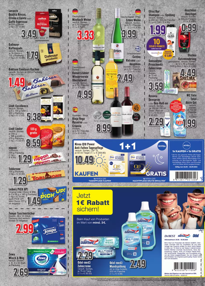 Aktueller Prospekt E Center - Angebote der Woche - von 25.09 bis 30.09.2023 - strona 7 - produkty: alkohol, angebot, bahlsen, Bau, beutel, coupon, coupons, creme, dallmayr, deka, deo, deospray, duschdas, duschgel, eier, eis, elle, ente, erde, espresso, flasche, gin, GPS, Kaiser, LG, lindor, lindt, maybach, milch, mundspülung, nippon, nivea, Odol, Pick Up!, reis, Retsina, rexona, Ria, rioja, roll-on, rum, shampoo, sofort-rabatt, spülung, Stühl, Tagespflege, Tasche, taschen, tee, Tempo, Ti, toblerone, uhr, vollmilch, wc ente, wein, weine, Yo, zahncreme