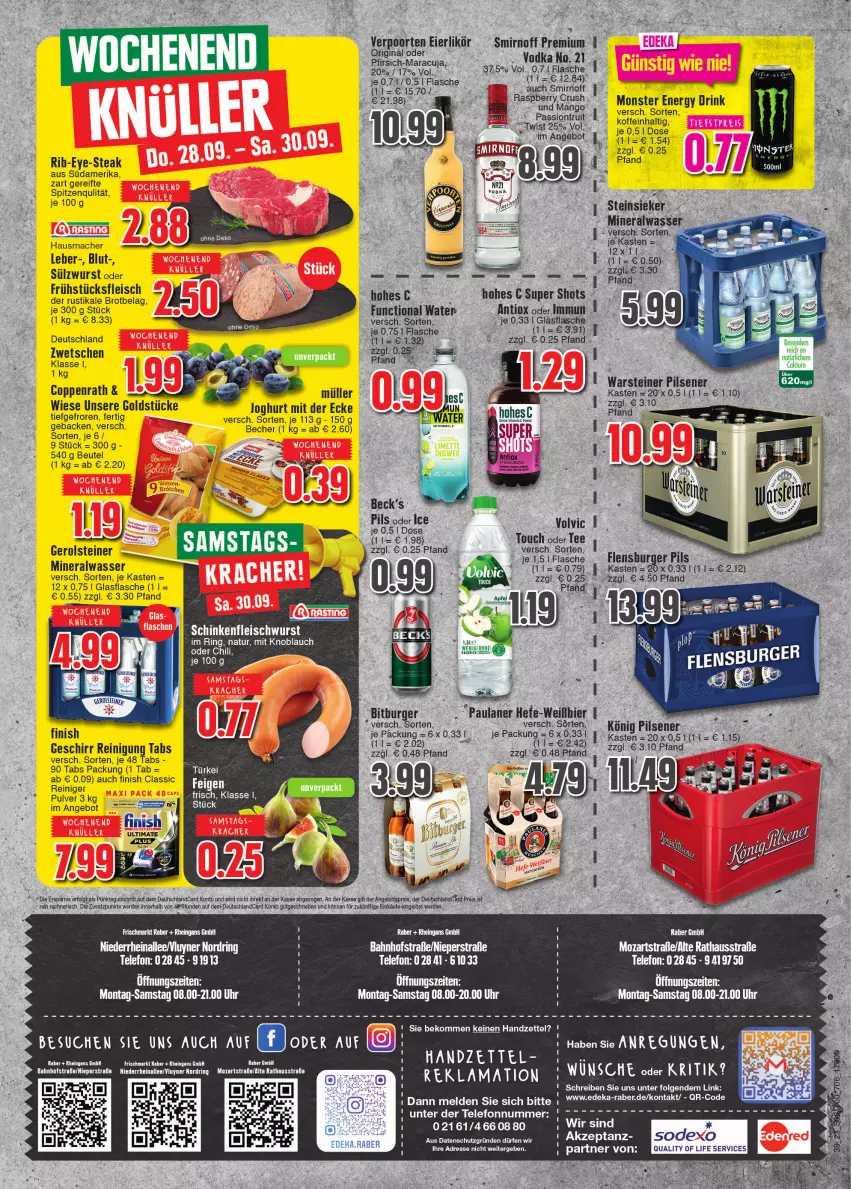 Aktueller Prospekt E Center - Angebote der Woche - von 25.09 bis 30.09.2023 - strona 8 - produkty: Alwa, angebot, Becher, beck's, beko, beutel, bier, bitburger, brot, burger, chili, coppenrath, deka, drink, eier, eierlikör, eis, energy drink, erde, Feigen, Finish, flasche, fleisch, fleischwurst, frühstücksfleisch, geschirr, gin, glasflasche, Goldstücke, Hausmacher, Hefe, Heu, Hohes C, knoblauch, könig pilsener, LG, likör, mac, maracuja, mineralwasser, mit knoblauch, monster, Monster Energy, Müller, natur, Paula, paulaner, pfirsich, pils, pilsener, reiniger, Reinigung, reis, ring, schinken, schinkenfleischwurst, smirnoff, steak, steiner, tee, telefon, Ti, uhr, verpoorten, vodka, warsteiner, wasser, wurst