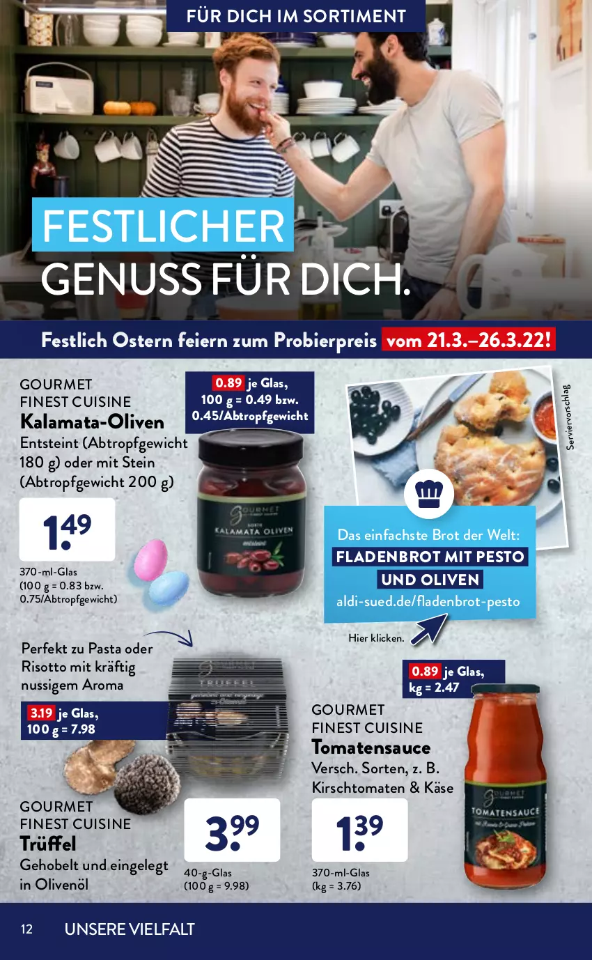 Aktueller Prospekt AldiSud - ALDI Sortiment - von 01.03 bis 31.03.2022 - strona 12 - produkty: aldi, amaro, asti, bier, brot, eier, eis, Fladenbrot, flasche, fleisch, gnocchi, in olivenöl, Käse, kirsch, leine, mac, mozzarella, natur, nuss, obst, Obst und Gemüse, olive, oliven, olivenöl, pasta, pesto, primitivo, reis, rel, rind, rindfleisch, risotto, sauce, Ti, tomate, tomaten, tomatensauce, Trüffel, und gemüse