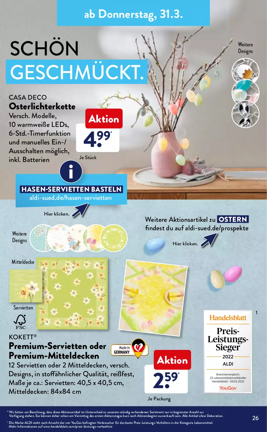 Aktueller Prospekt AldiSud - ALDI Sortiment - von 01.03 bis 31.03.2022 - strona 26 - produkty: aldi, alle artikel ohne dekoration, batterie, batterien, casa deco, decke, dekoration, dell, eis, elle, gin, Kette, lebensmittel, leds, lichterkette, mitteldecke, Mode, Rauch, reis, Schal, Serviette, servietten, Ti, timer, Yo, ZTE