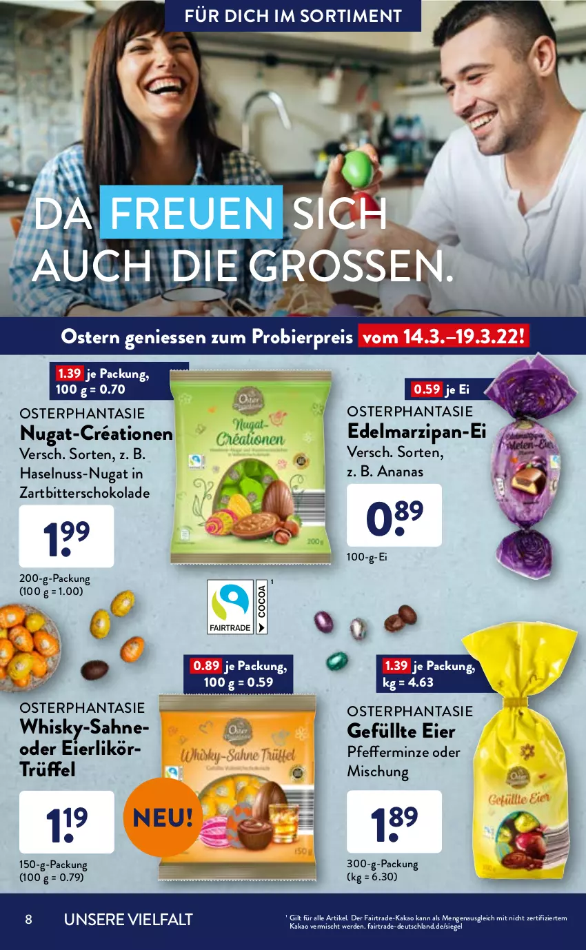 Aktueller Prospekt AldiSud - ALDI Sortiment - von 01.03 bis 31.03.2022 - strona 8 - produkty: ananas, bier, Edelmarzipan, eier, eierlikör, eis, erde, haselnuss, kakao, likör, marzipan, minze, nuss, orange, orangen, pfeffer, pfefferminze, reis, sahne, schoko, schokolade, Ti, Trüffel, whisky, Zartbitterschokolade