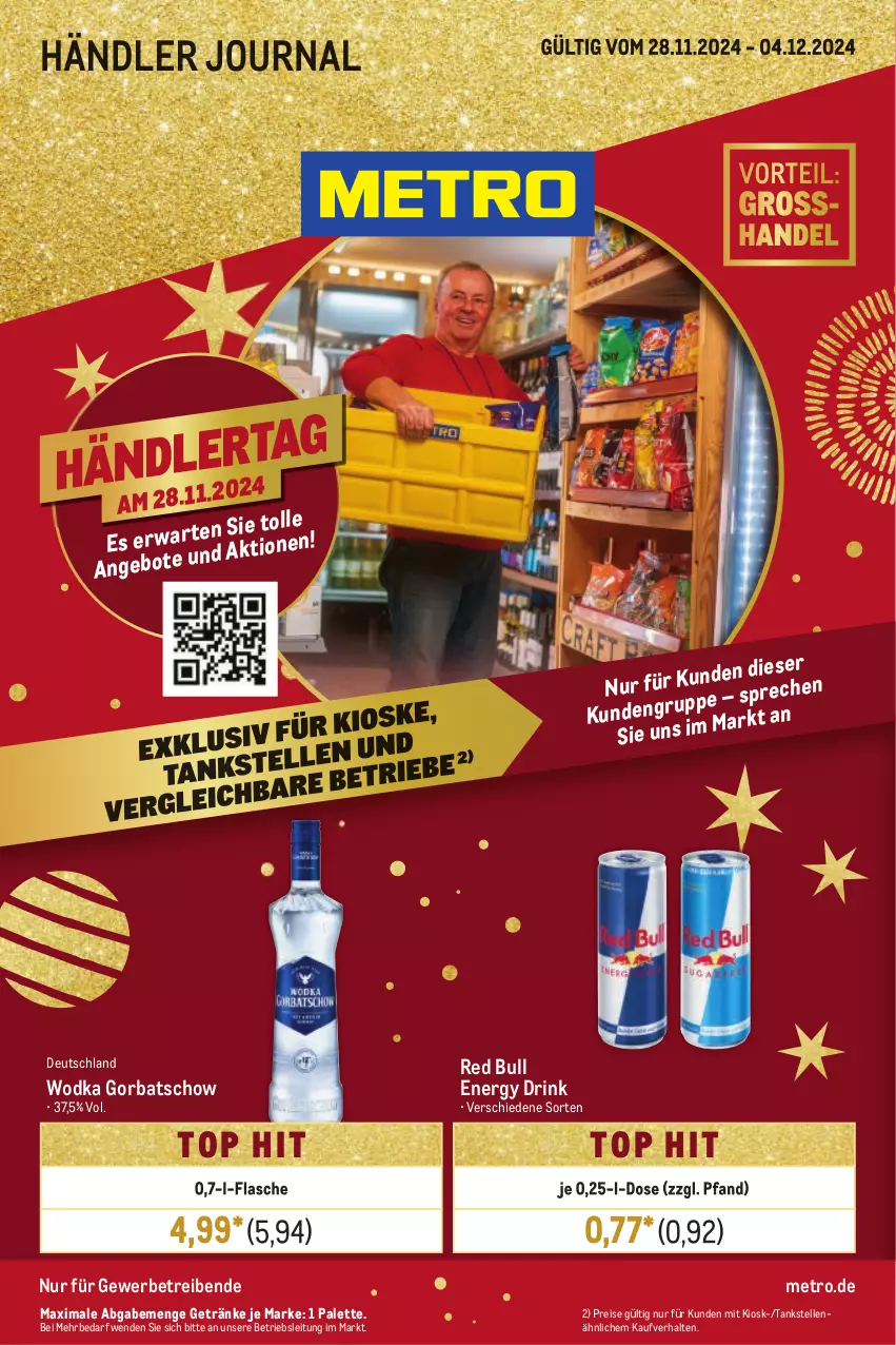 Aktueller Prospekt Metro - Händler Journal - von 28.11 bis 04.12.2024 - strona 1 - produkty: drink, eis, elle, energy drink, getränk, getränke, Gorbatschow, Metro, Palette, red bull, reis, Ti, wodka