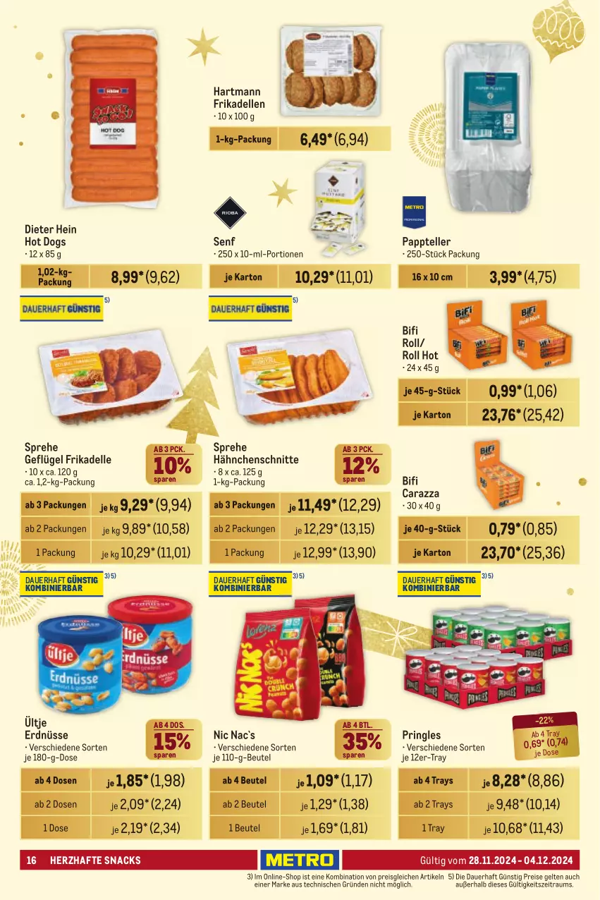 Aktueller Prospekt Metro - Händler Journal - von 28.11 bis 04.12.2024 - strona 16 - produkty: auer, beutel, bifi, dell, eis, elle, erdnüsse, frikadellen, Geflügel, Hartmann, hot dog, pringles, reis, ring, senf, snack, snacks, teller, Ti, ültje, ültje erdnüsse