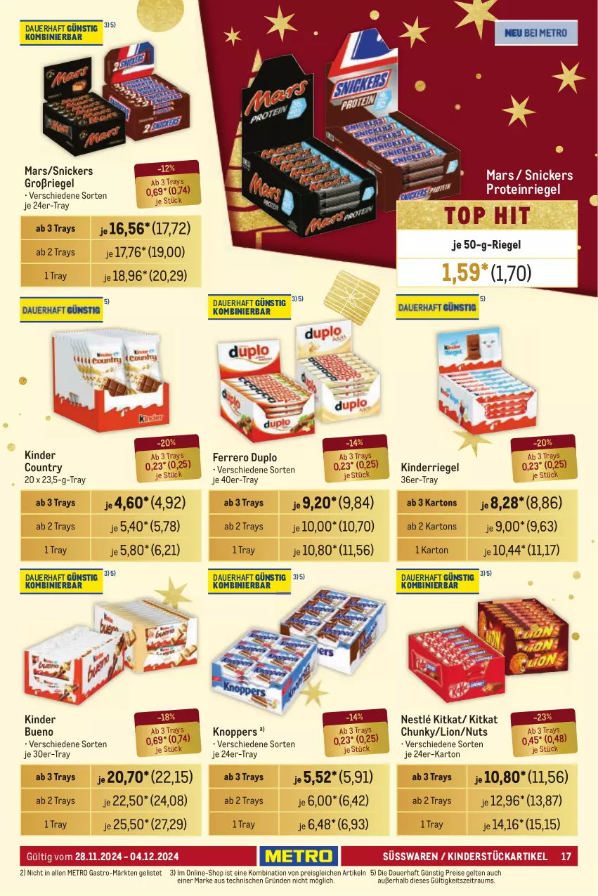 Aktueller Prospekt Metro - Händler Journal - von 28.11 bis 04.12.2024 - strona 17 - produkty: auer, duplo, eis, ferrero, Kinder, kinder bueno, kinder country, kitkat, knoppers, lion, mars, Metro, metro gastro, nestlé, reis, riegel, snickers, süsswaren, Ti