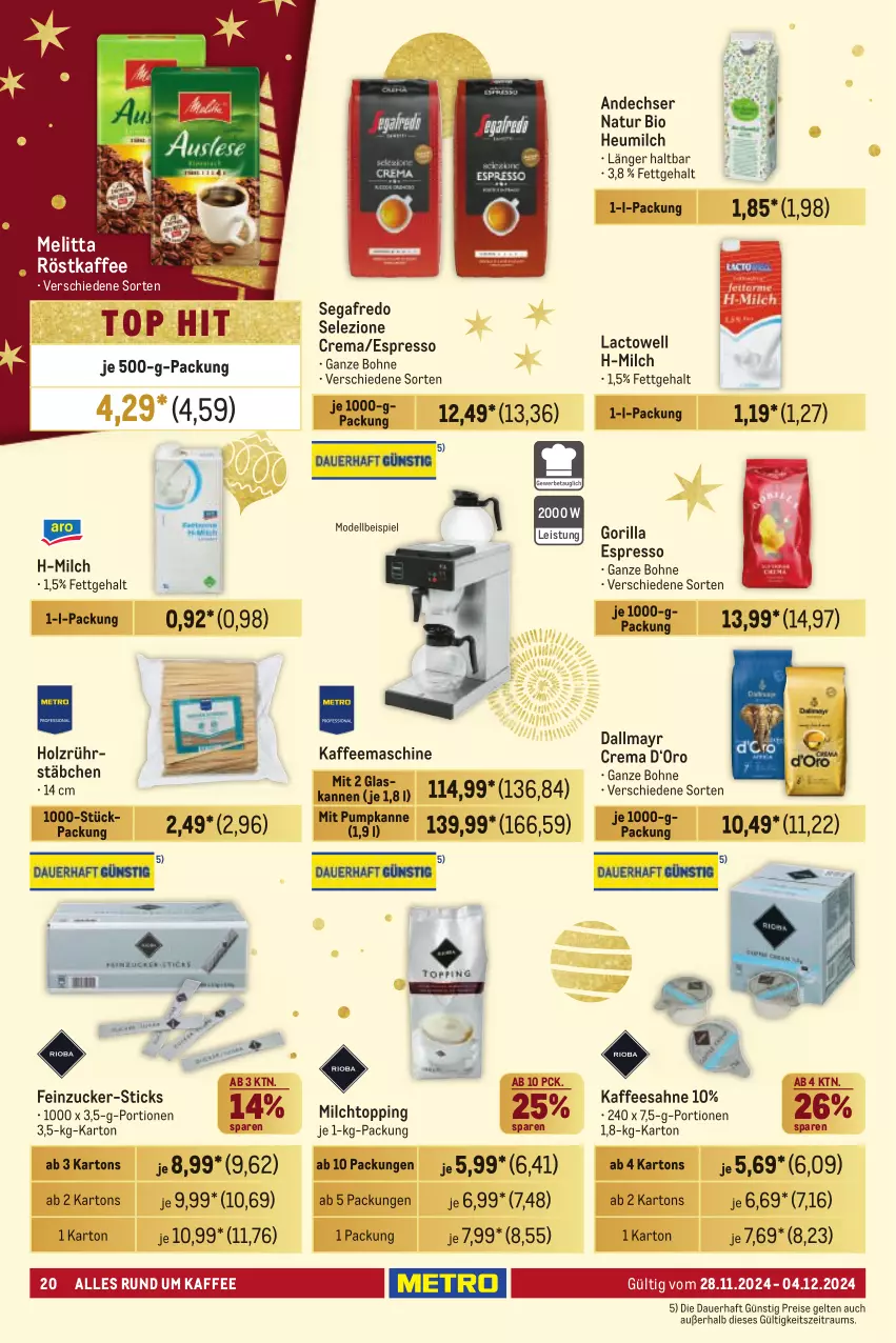 Aktueller Prospekt Metro - Händler Journal - von 28.11 bis 04.12.2024 - strona 20 - produkty: andechser natur, auer, bio, bohne, dallmayr, dell, eis, espresso, Heu, heumilch, Holz, kaffee, kaffeemaschine, melitta, milch, Mode, natur, reis, röstkaffee, sahne, Segafredo, Ti, zucker