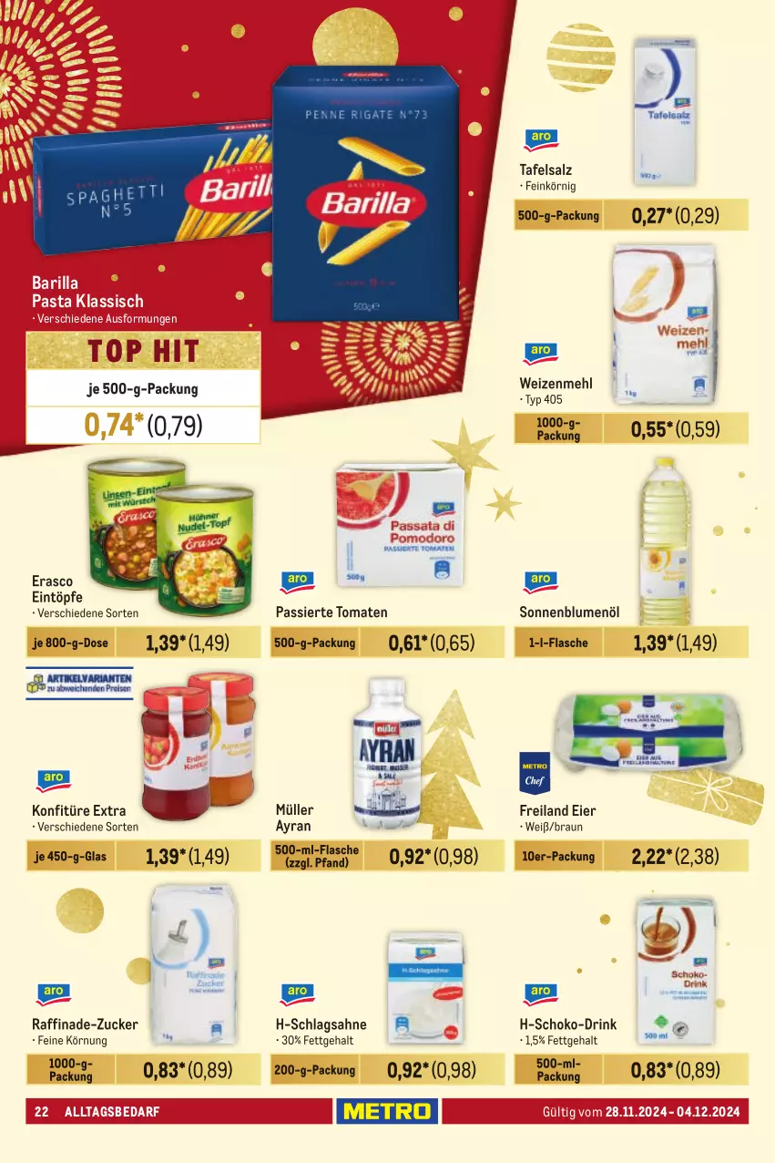 Aktueller Prospekt Metro - Händler Journal - von 28.11 bis 04.12.2024 - strona 22 - produkty: Ayran, barilla, blume, blumen, blumenöl, braun, drink, eier, eintöpfe, erasco, flasche, konfitüre, konfitüre extra, mehl, Müller, pasta, sahne, salz, schlagsahne, schoko, sonnenblume, sonnenblumen, sonnenblumenöl, Ti, tomate, tomaten, weizenmehl, zucker