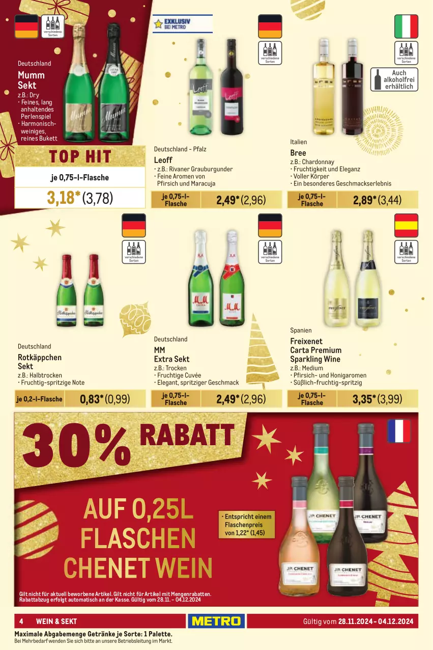 Aktueller Prospekt Metro - Händler Journal - von 28.11 bis 04.12.2024 - strona 4 - produkty: auto, bree, burgunder, chardonnay, cuvée, eis, flasche, freixenet, frucht, getränk, getränke, grauburgunder, honig, LG, mac, maracuja, mm extra, mumm, Palette, perlen, pfirsich, reis, Rivaner, rotkäppchen, schwein, sekt, Ti, tisch, wein