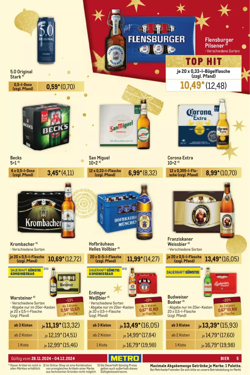 Aktueller Prospekt Metro - Händler Journal - von 28.11 bis 04.12.2024 - strona 5 - produkty: auer, becks, bier, budweiser, bügel, bügelflasche, burger, corona, corona extra, eis, elle, erdinger, flasche, flensburger, franziskaner, getränk, getränke, gin, krombache, krombacher, Palette, pils, pilsener, reis, steiner, Ti, warsteiner, weissbier