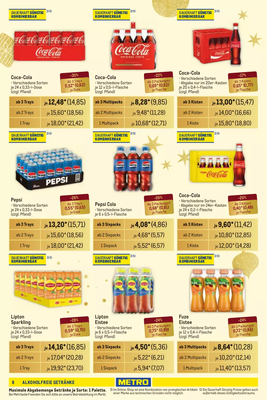 Aktueller Prospekt Metro - Händler Journal - von 28.11 bis 04.12.2024 - strona 8 - produkty: alkohol, alkoholfreie getränke, auer, coca-cola, cola, eis, eistee, flasche, getränk, getränke, lipton, Palette, pepsi, Pepsi Cola, reis, tee, Ti