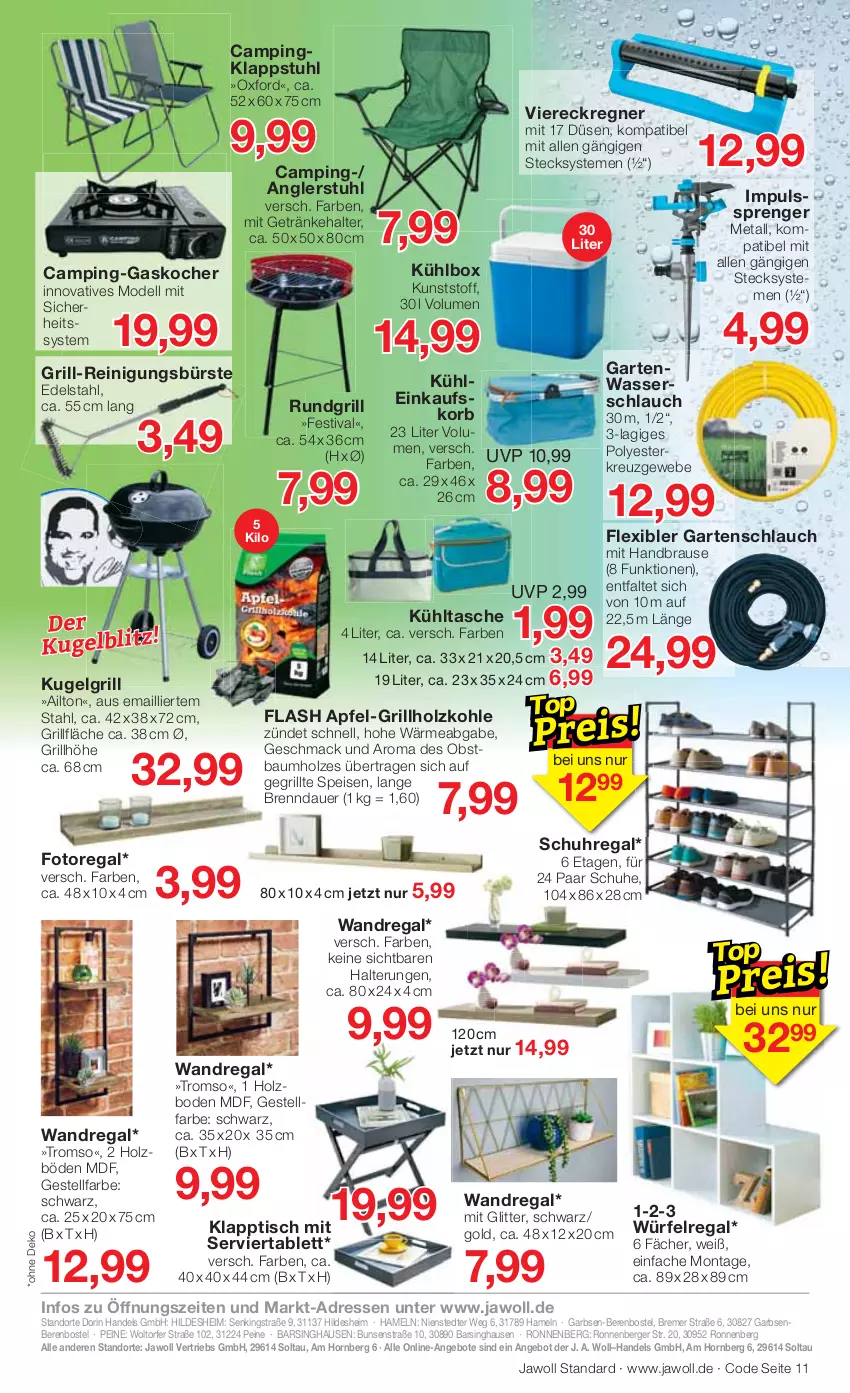 Aktueller Prospekt Jawoll - Prospekte - von 24.04 bis 30.04.2022 - strona 11 - produkty: angebot, angebote, apfel, auer, Bau, Berger, brause, bürste, dell, edelstahl, einkaufskorb, eis, Garten, gartenschlauch, getränk, getränke, getränkehalter, grill, grillfläche, grillholzkohle, handbrause, Holz, holzkohle, klappstuhl, klapptisch, Kocher, korb, Kugel, kugelgrill, kühlbox, kühltasche, LG, mac, Mode, obst, paar schuhe, regal, Reinigung, reinigungsbürste, rundgrill, schlauch, schuhe, schuhregal, Serviertablett, stuhl, tablet, tablett, Tasche, Ti, tisch, uhr, uhu, Viereckregner, wandregal, wasser, Wasserschlauch, würfel