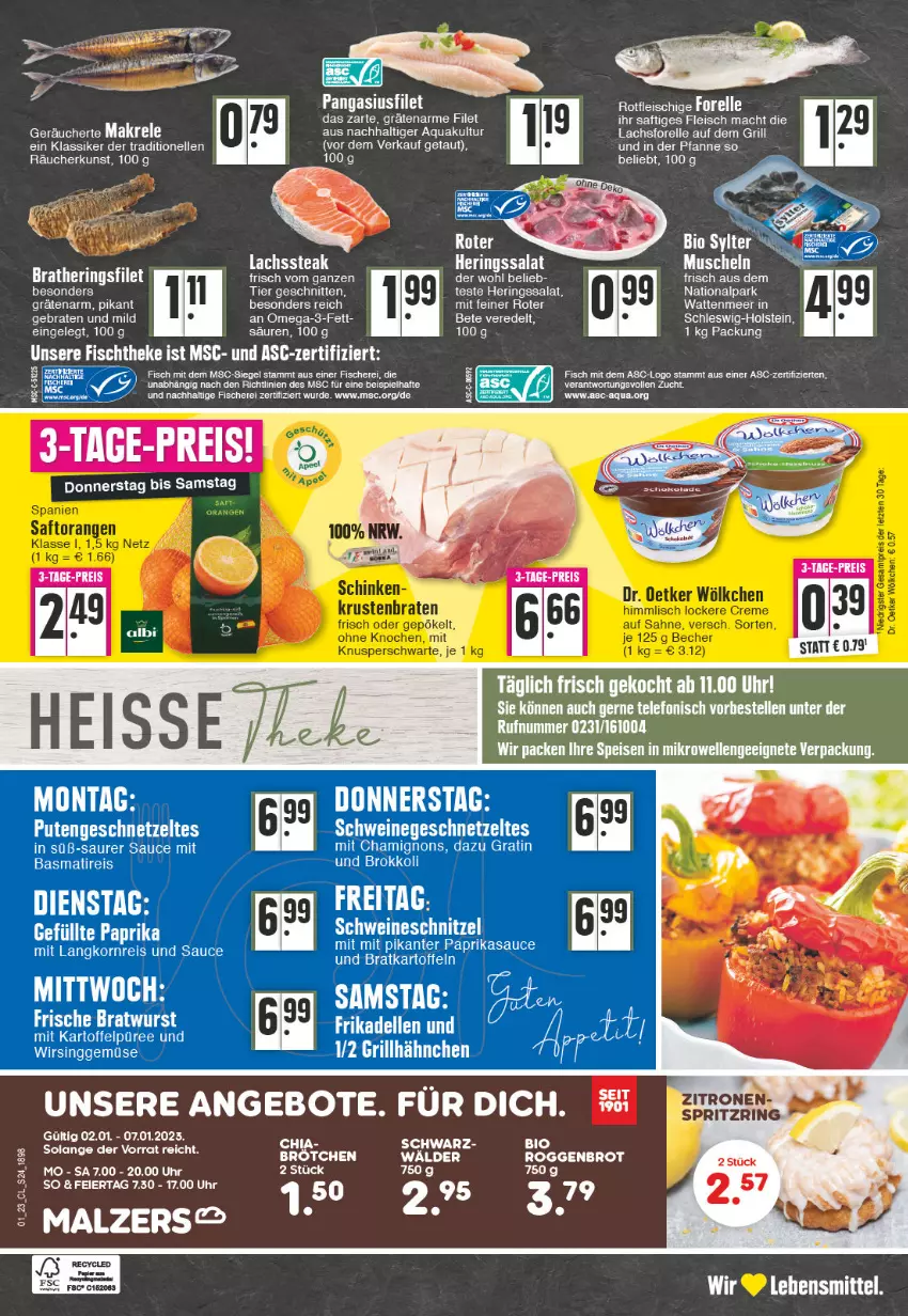 Aktueller Prospekt Edeka - Angebote der Woche - von 02.01 bis 07.01.2023 - strona 24 - produkty: angebot, angebote, aqua, basmati, Becher, bio, braten, bratwurst, brokkoli, brot, brötchen, chia, creme, Dr. Oetker, eier, eis, elle, filet, fisch, fische, Fischer, fischtheke, fleisch, forelle, geschnetzeltes, grill, grillhähnchen, hering, Herings, kartoffel, kartoffeln, Kartoffelpüree, korn, krustenbraten, lachs, Langkornreis, lebensmittel, mac, Muscheln, omega, Omega-3, orange, orangen, Pangasius, paprika, pfanne, püree, pute, Putengeschnetzeltes, reis, rel, ring, saft, Saftorangen, sahne, salat, sauce, Schere, schinken, schnitten, schnitzel, schwein, schweine, schweineschnitzel, steak, telefon, Ti, uhr, wein, weine, Wirsing, wurst, Zelt, zitrone, zitronen, ZTE