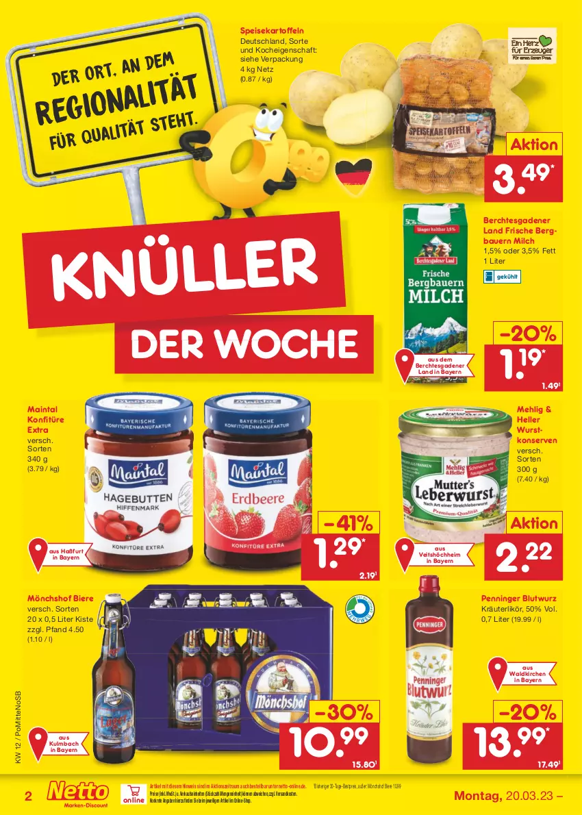 Aktueller Prospekt Netto Marken-Discount - Filial-Angebote - von 20.03 bis 25.03.2023 - strona 2 - produkty: auer, Bau, Bauer, bestpreis, bier, Biere, eis, elle, kartoffel, kartoffeln, konfitüre, konfitüre extra, Konserven, kräuter, kräuterlikör, likör, mehl, milch, mönchshof, ndk, Penninger Blutwurz, reis, speisekartoffeln, Ti, wurst, wurstkonserven