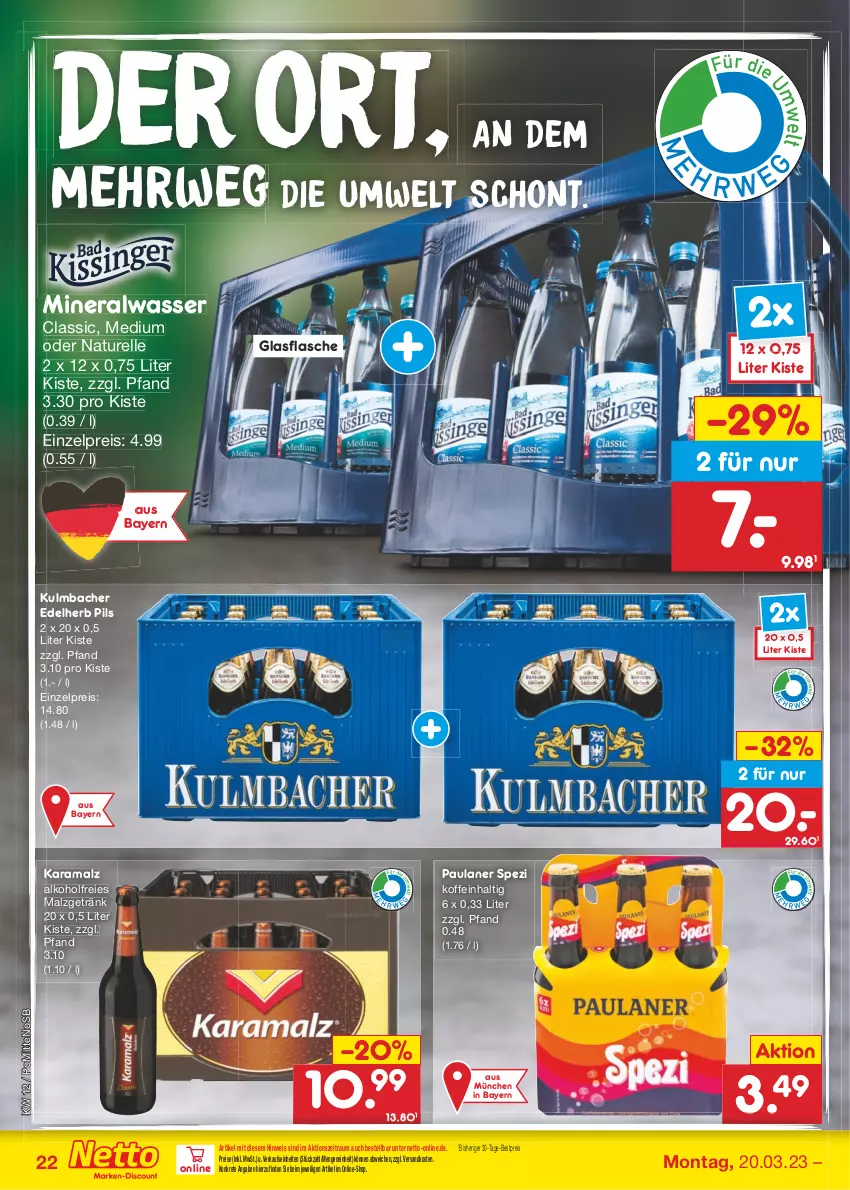 Aktueller Prospekt Netto Marken-Discount - Filial-Angebote - von 20.03 bis 25.03.2023 - strona 22 - produkty: alkohol, Alwa, bestpreis, eis, elle, flasche, getränk, glasflasche, karamalz, malz, mineralwasser, Mineralwasser Classic, natur, ndk, Paula, paulaner, pils, rama, reis, rel, rwe, Spezi, Ti, wasser