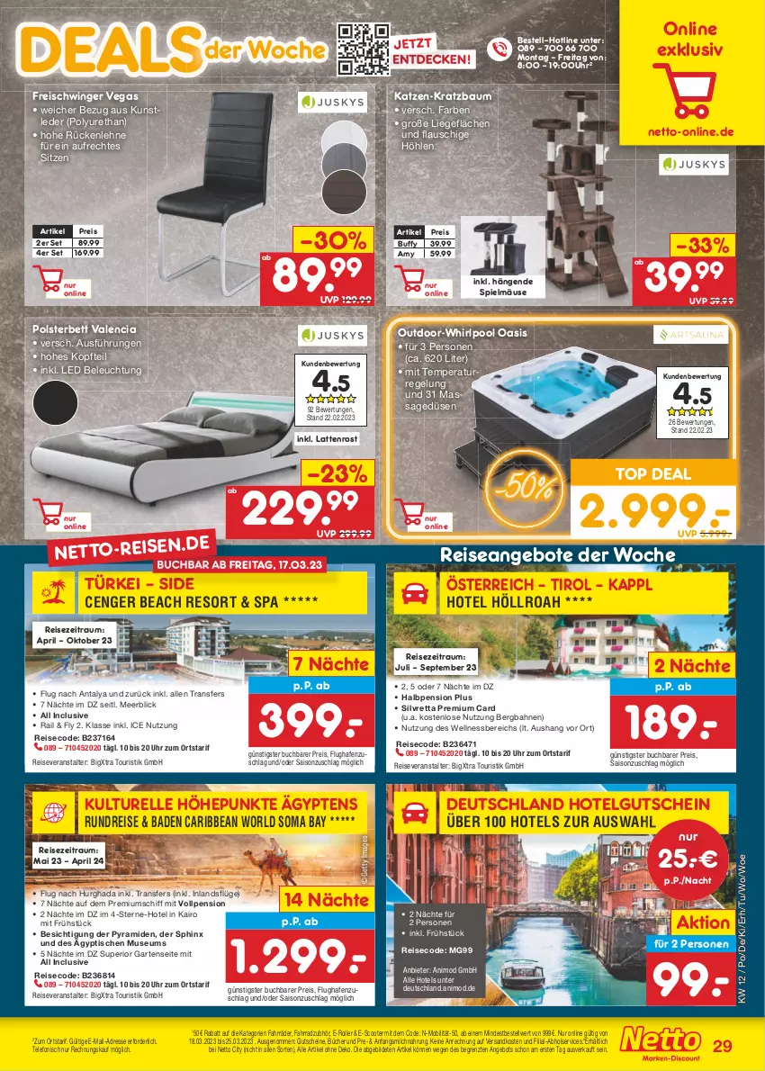 Aktueller Prospekt Netto Marken-Discount - Filial-Angebote - von 20.03 bis 25.03.2023 - strona 29 - produkty: angebot, angebote, Bad, Bau, beleuchtung, bett, buch, decke, E-Roller, eis, elle, Fahrrad, Freischwinger, Garten, gutschein, gutscheine, Kratzbaum, latte, lattenrost, LG, Liege, milch, ndk, polsterbett, pool, pril, reis, reiseveranstalter, rel, Roller, rückenlehne, scooter, telefon, Ti, tisch, uhr, wellnessbereich, Whirlpool, ZTE