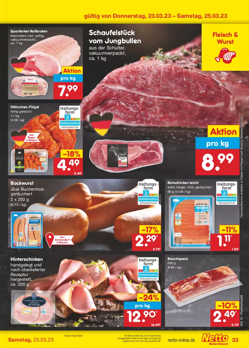 Aktueller Prospekt Netto Marken-Discount - Filial-Angebote - von 20.03 bis 25.03.2023 - strona 33 - produkty: angebot, Bau, bestpreis, bockwurst, braten, buch, eis, fleisch, gewürz, hinterschinken, Holz, jungbullen, reis, rezept, rohschinken, rollbraten, saft, schinken, Speck, Ti, wurst, wurst in selbstbedienung, ZTE