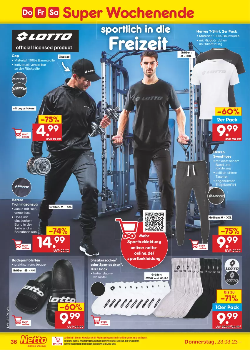 Aktueller Prospekt Netto Marken-Discount - Filial-Angebote - von 20.03 bis 25.03.2023 - strona 36 - produkty: Anzug, asti, Bad, Bau, baumwolle, Cap, eis, hose, Jacke, kleid, Kleidung, ndk, pantolette, pantoletten, reis, Ria, shirt, sneaker, sneakersocken, socken, Sport, sportsocken, Sweathose, T-Shirt, Tasche, taschen, Ti, tisch, trainingsanzug, wolle