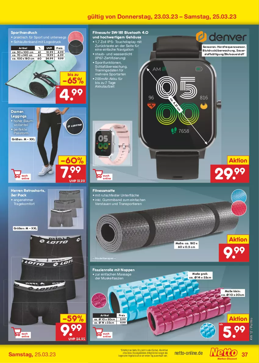 Aktueller Prospekt Netto Marken-Discount - Filial-Angebote - von 20.03 bis 25.03.2023 - strona 37 - produkty: akku, angebot, auer, Bau, dell, eis, gin, handtuch, Laufen, leggings, Mode, reis, retroshorts, rwe, shorts, Sport, Ti, Tiere, tisch, tuc, uhr, wasser, ZTE