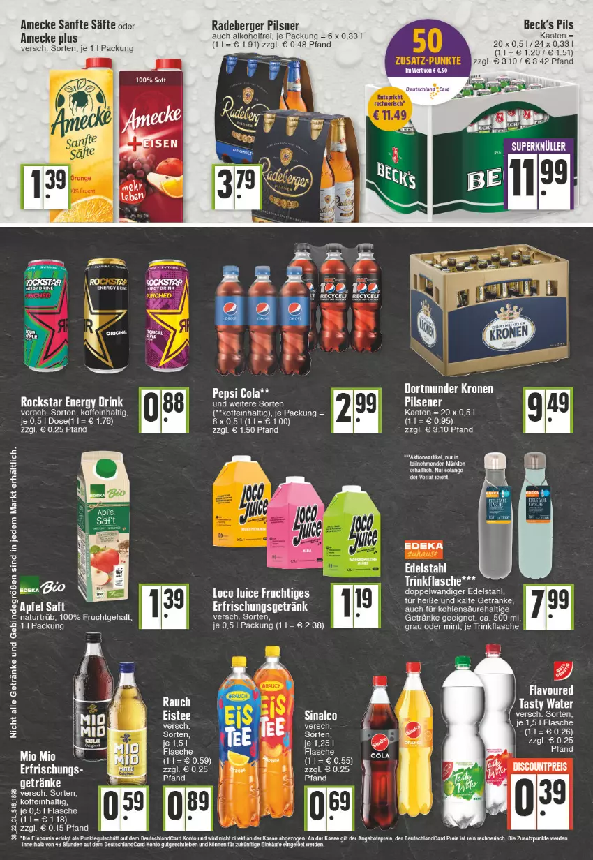 Aktueller Prospekt Edeka - Angebote der Woche - von 19.09 bis 24.09.2022 - strona 18 - produkty: alkohol, amecke, apfel, Berger, cola, deka, deutschlandcard, edelstahl, erfrischungsgetränk, flasche, frucht, getränk, getränke, mint, natur, pepsi, Pepsi Cola, pils, pilsener, pilsner, radeberger, radeberger pilsner, Rauch, saft, säfte, sinalco, Ti, trinkflasche