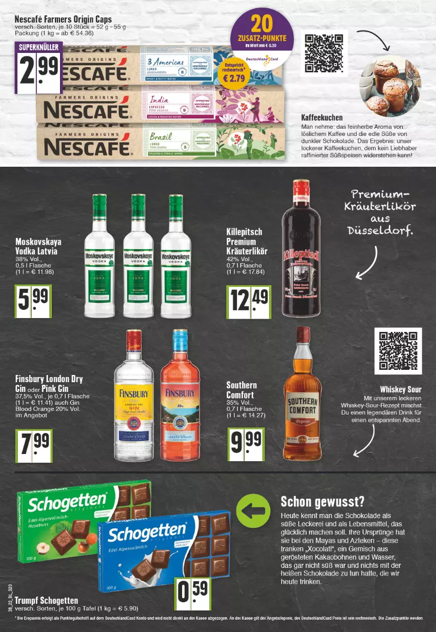 Aktueller Prospekt Edeka - Angebote der Woche - von 19.09 bis 24.09.2022 - strona 20 - produkty: bohne, bohnen, Cap, cola, eis, ente, finsbury, flasche, gin, haselnuss, Heu, kaffee, kakao, kräuter, kräuterlikör, kuchen, likör, london dry, mac, moskovskaya, nescafe, nuss, orange, rum, schoko, schokolade, tee, vodka, wasser, ZTE