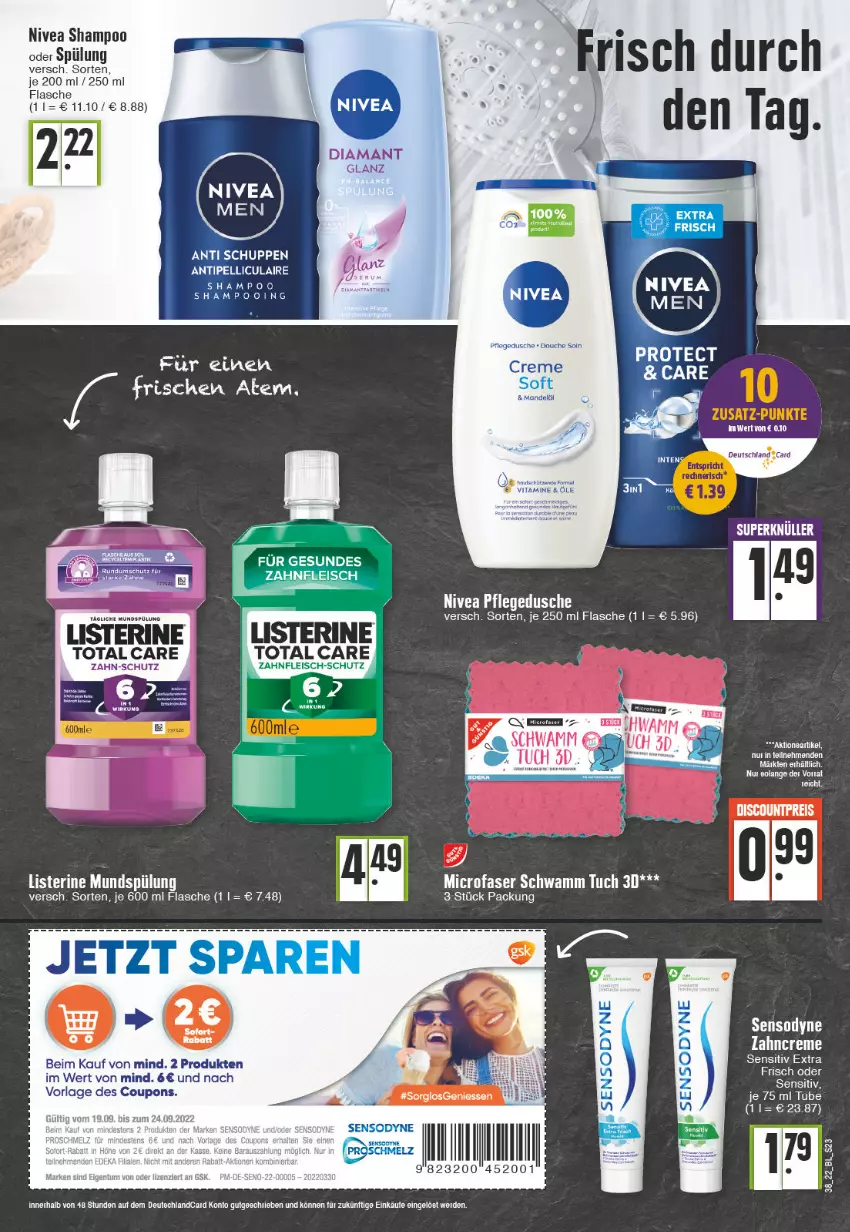 Aktueller Prospekt Edeka - Angebote der Woche - von 19.09 bis 24.09.2022 - strona 23 - produkty: coupon, coupons, creme, discount, dusche, eis, flasche, fleisch, listerine, mundspülung, nivea, pflegedusche, reis, schwamm, sensodyne, shampoo, shampoo oder spülung, spülung, tee, Ti, total care, tuc, zahncreme